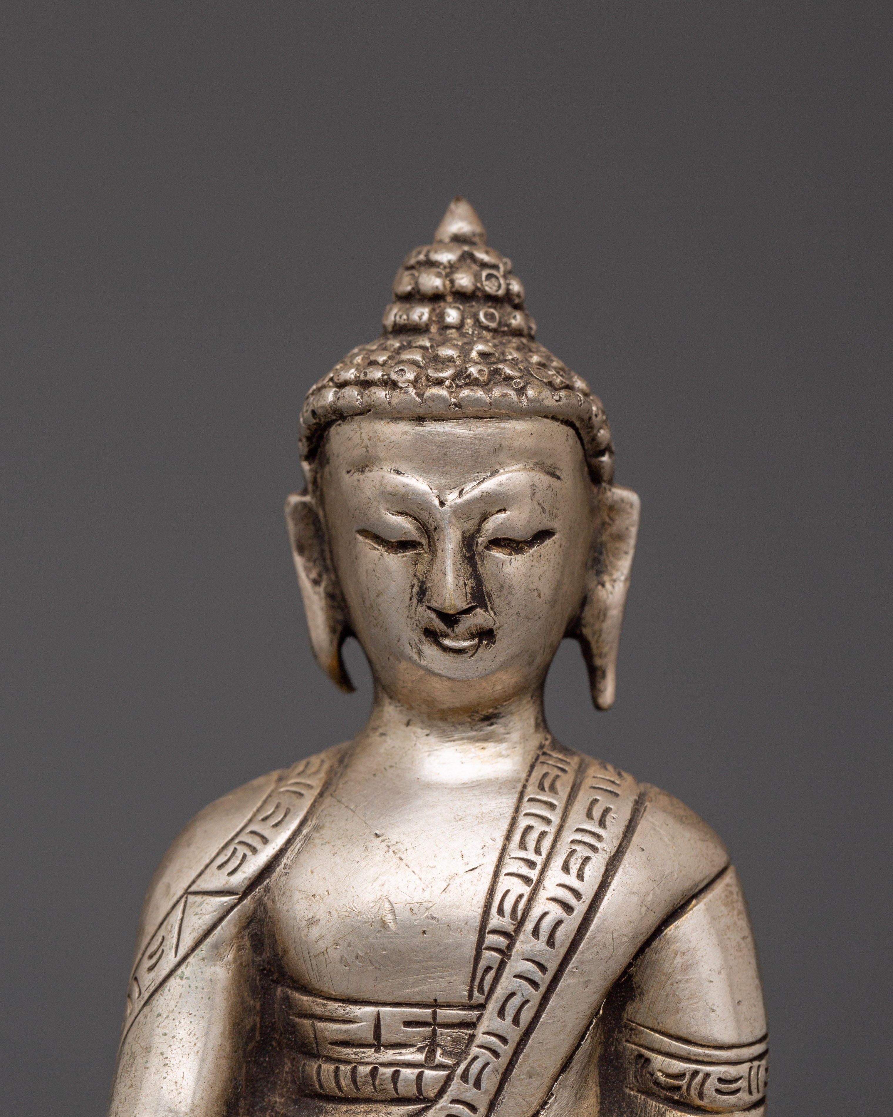 Tibetan Deity of Enlightenment Shakyamuni Buddha Statue | Silver-Plated Copper Body