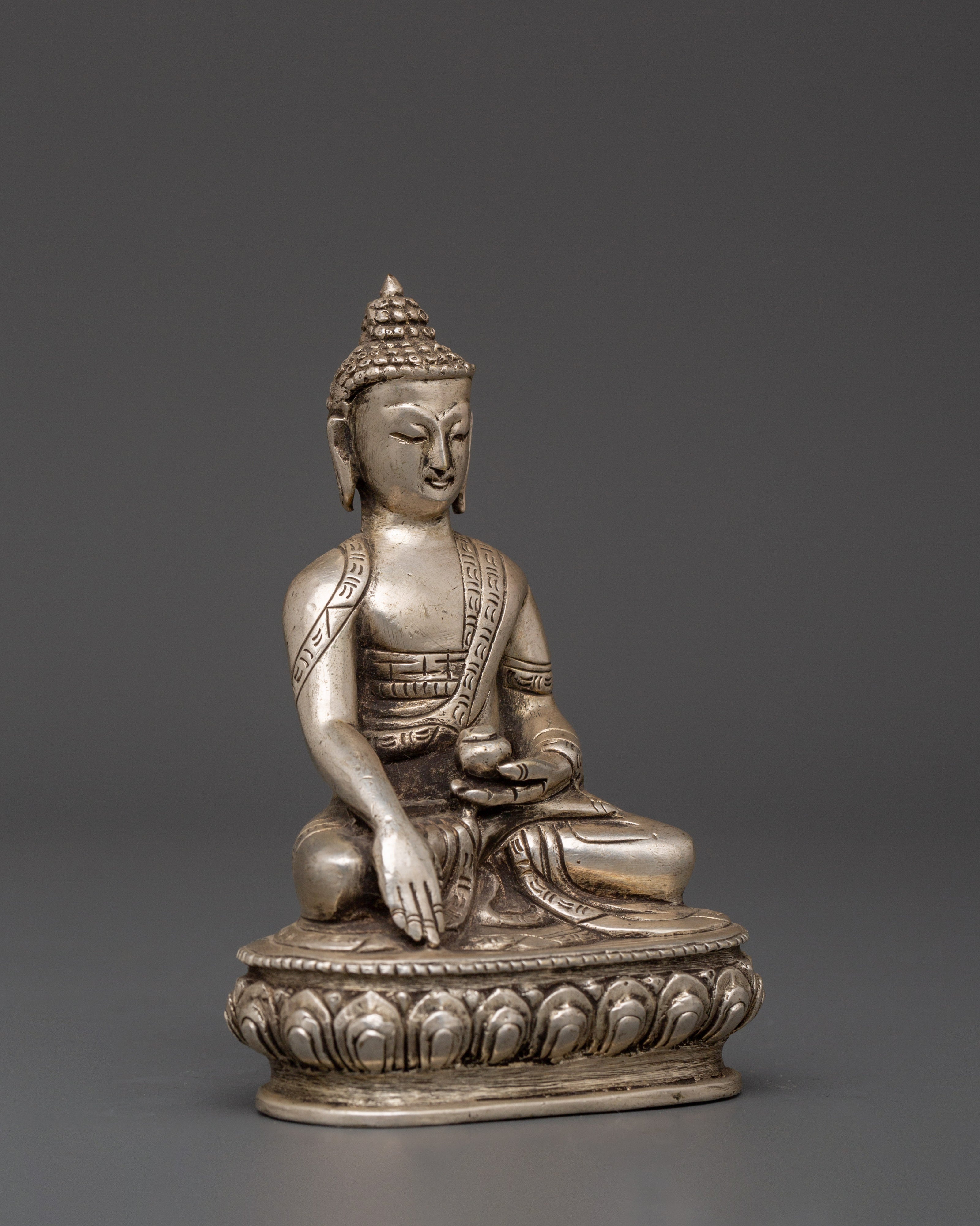 Tibetan Deity of Enlightenment Shakyamuni Buddha Statue | Silver-Plated Copper Body