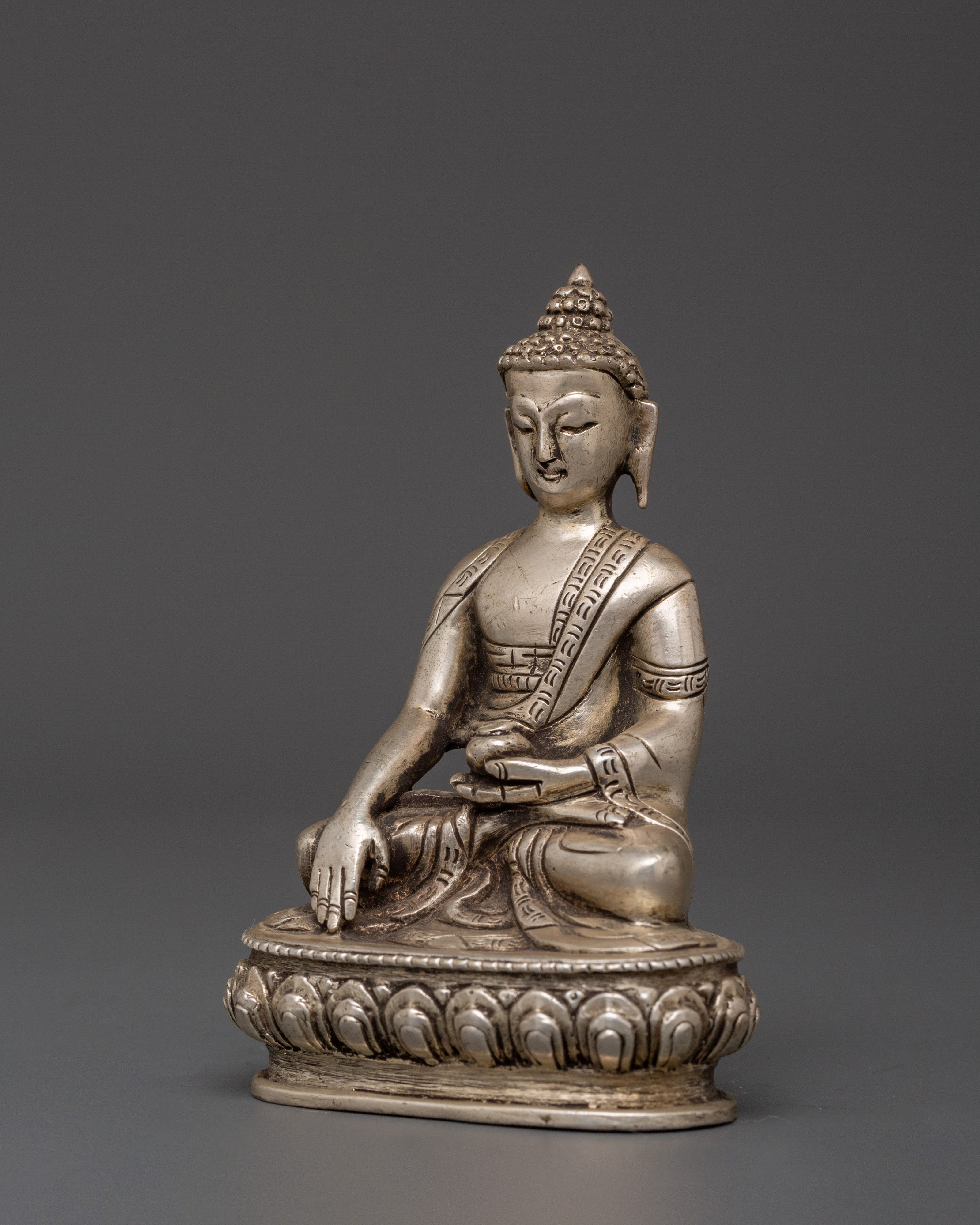 Tibetan Deity of Enlightenment Shakyamuni Buddha Statue | Silver-Plated Copper Body