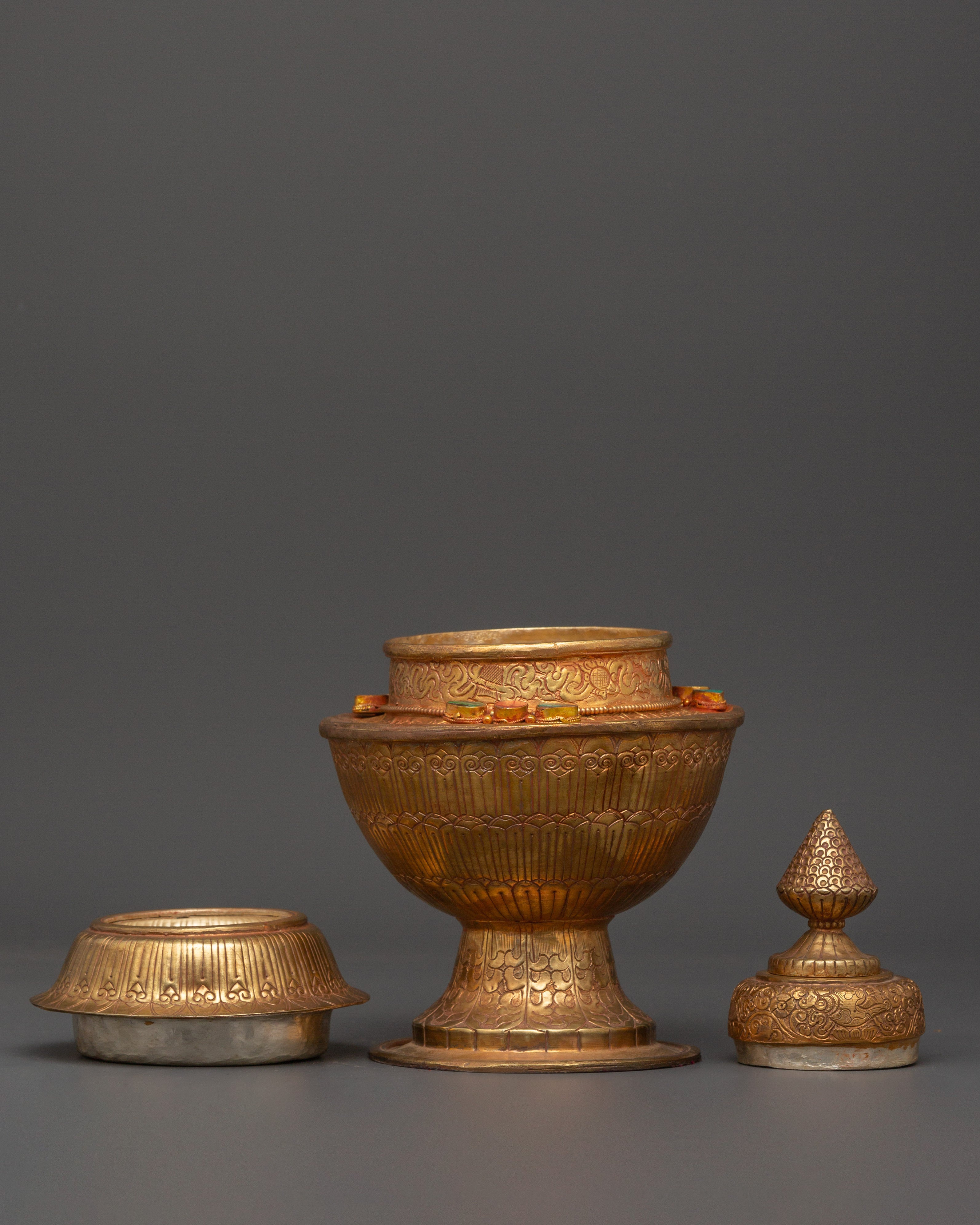 Copper Rice Pot for Ritual Offering | Gold Plated Sacred Buddhist Vessel