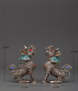 White Metal Guardian Lion Statue Set | With Coral, Turquoise & Lapis Lazuli Stones