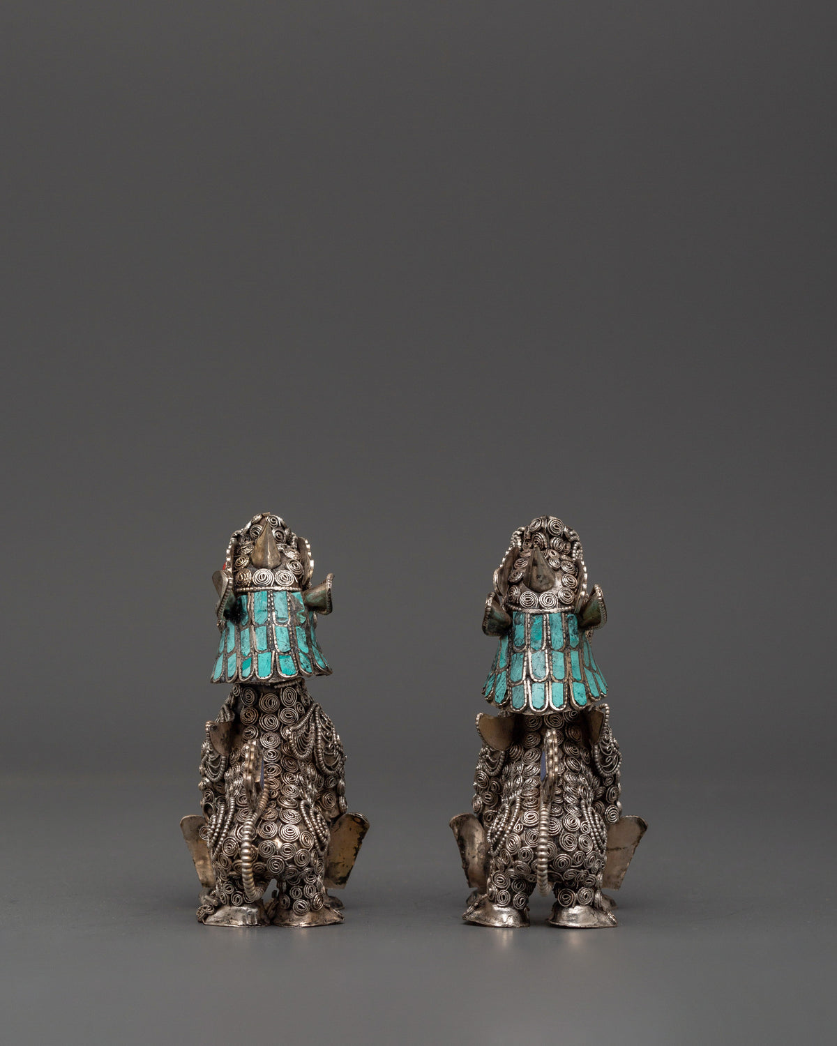 White Metal Guardian Lion Statue Set | With Coral, Turquoise & Lapis Lazuli Stones