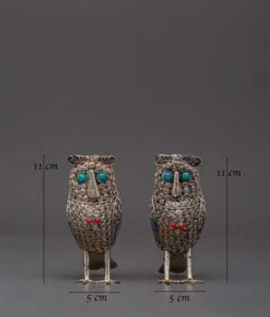 Handmade White Metal Owl Set | With Coral & Turquoise Stones