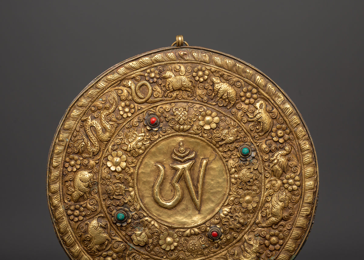 Brass Wall Hanging with Tibetan Mantra | Spiritual Decor with Turquoise & Coral Inlays