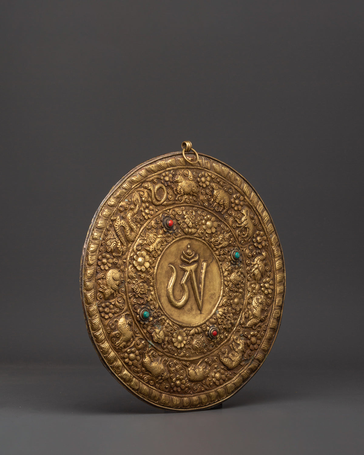 Brass Wall Hanging with Tibetan Mantra | Spiritual Decor with Turquoise & Coral Inlays