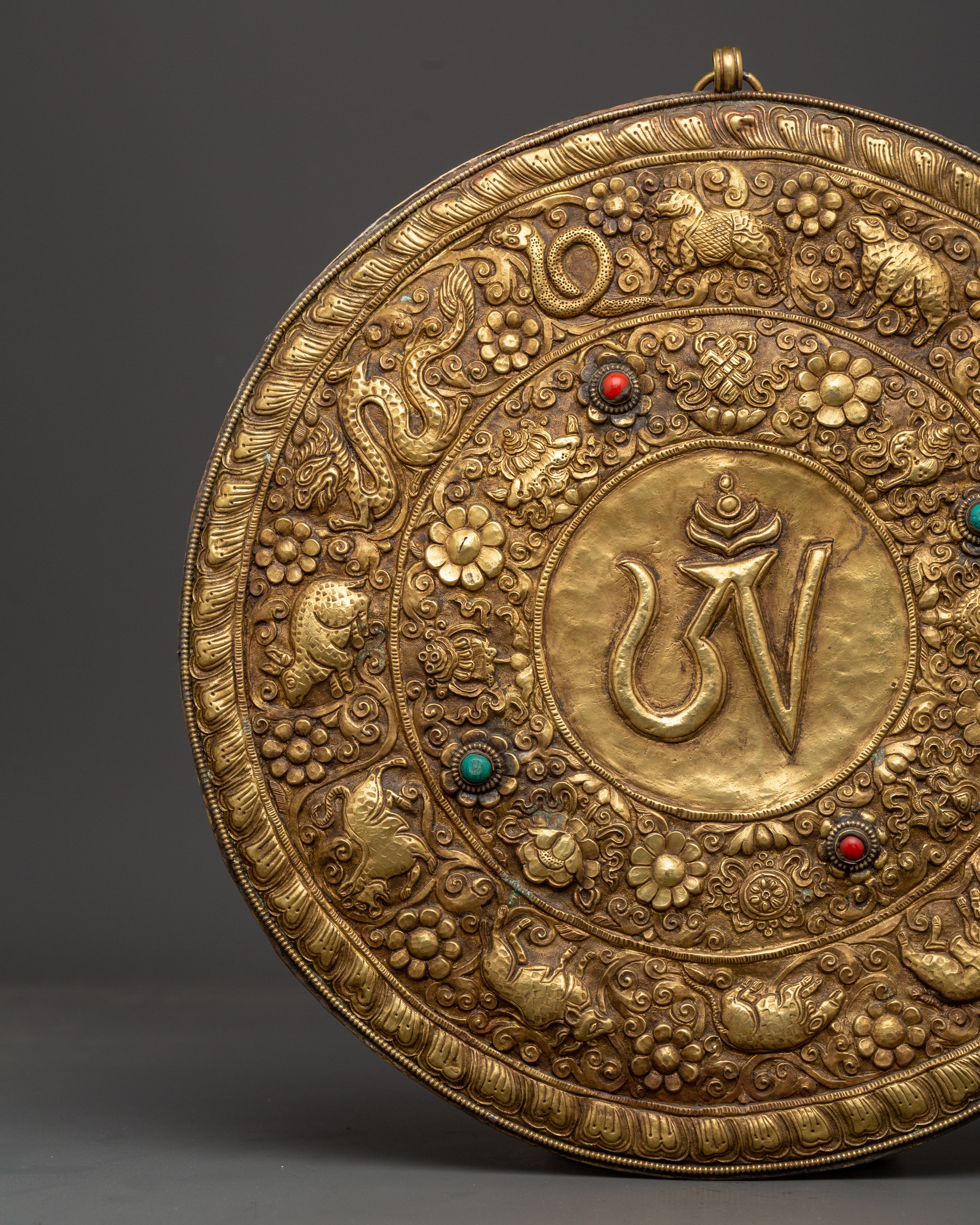 Brass Wall Hanging with Tibetan Mantra | Spiritual Decor with Turquoise & Coral Inlays