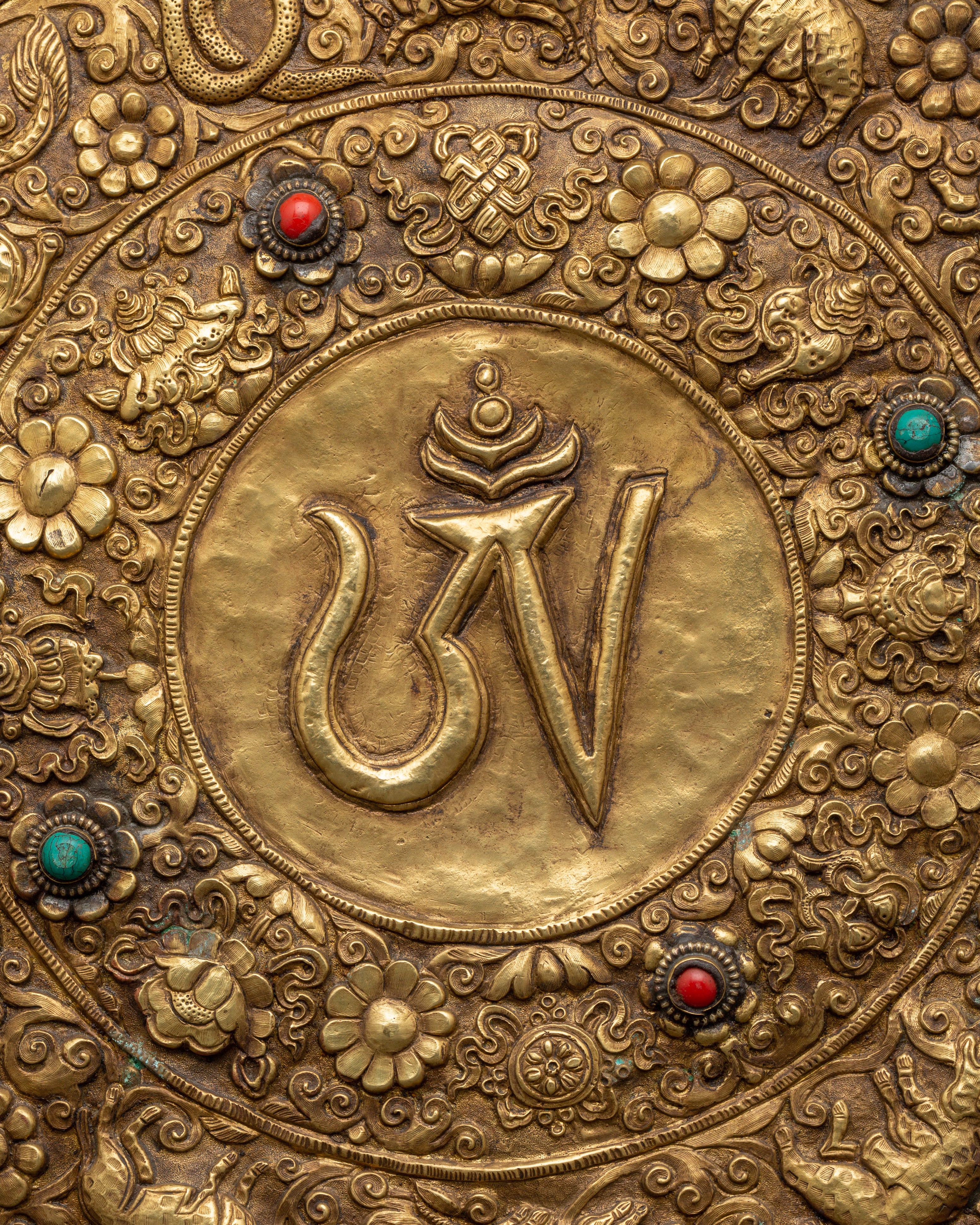 Brass Wall Hanging with Tibetan Mantra | Spiritual Decor with Turquoise & Coral Inlays