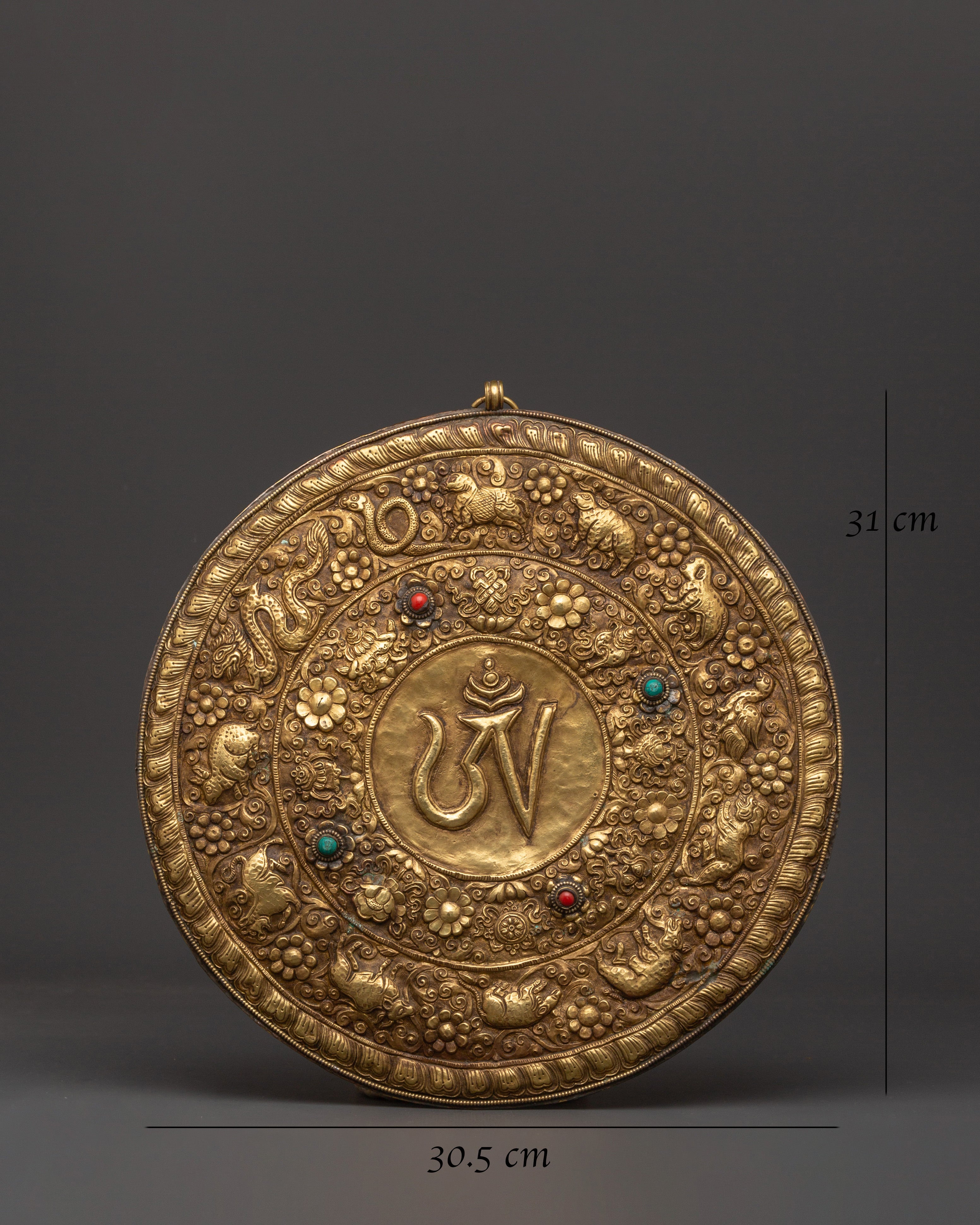 Brass Wall Hanging with Tibetan Mantra | Spiritual Decor with Turquoise & Coral Inlays