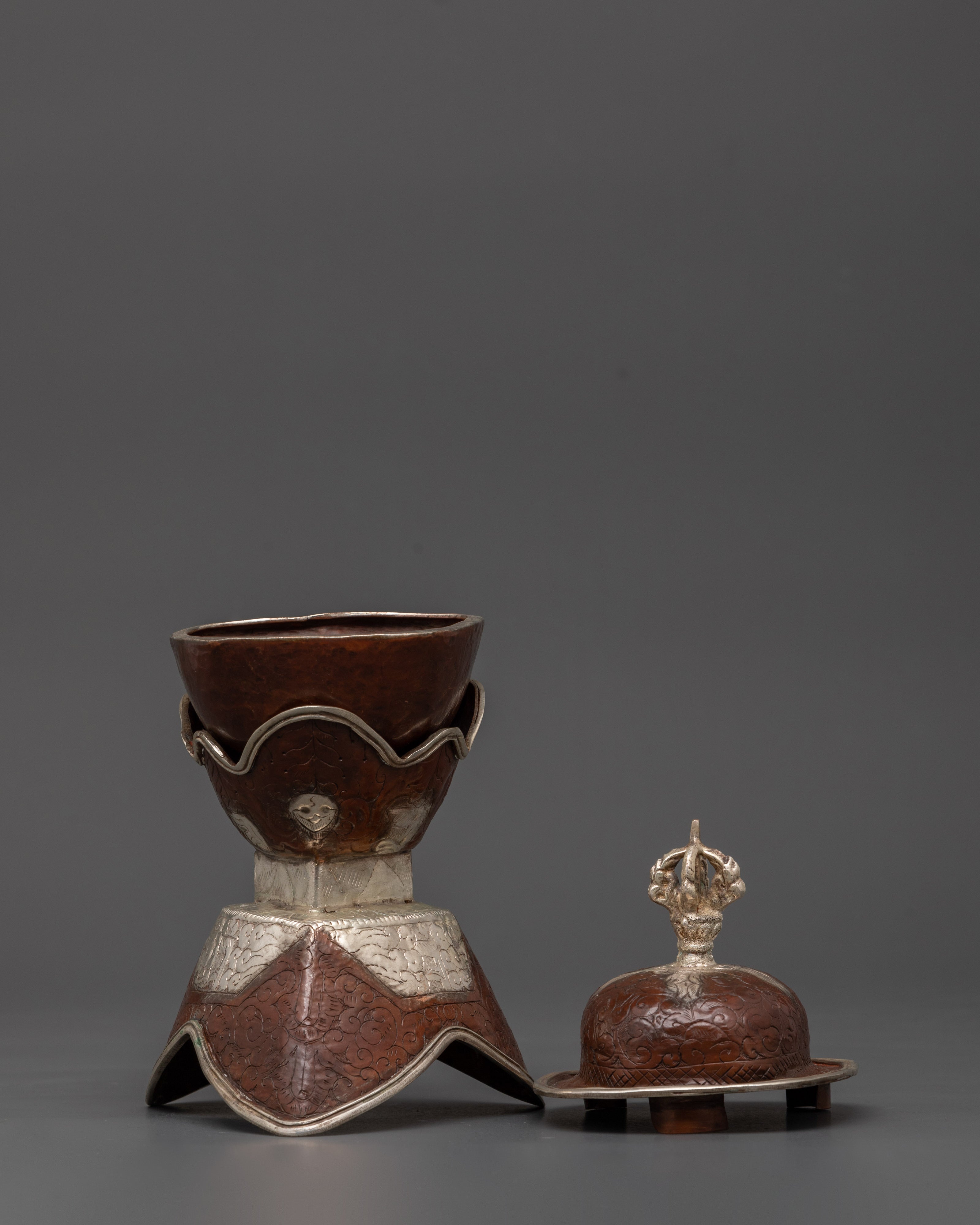 Oxidized Copper Tibetan Kapala | Sacred Skull Ritual Vessel