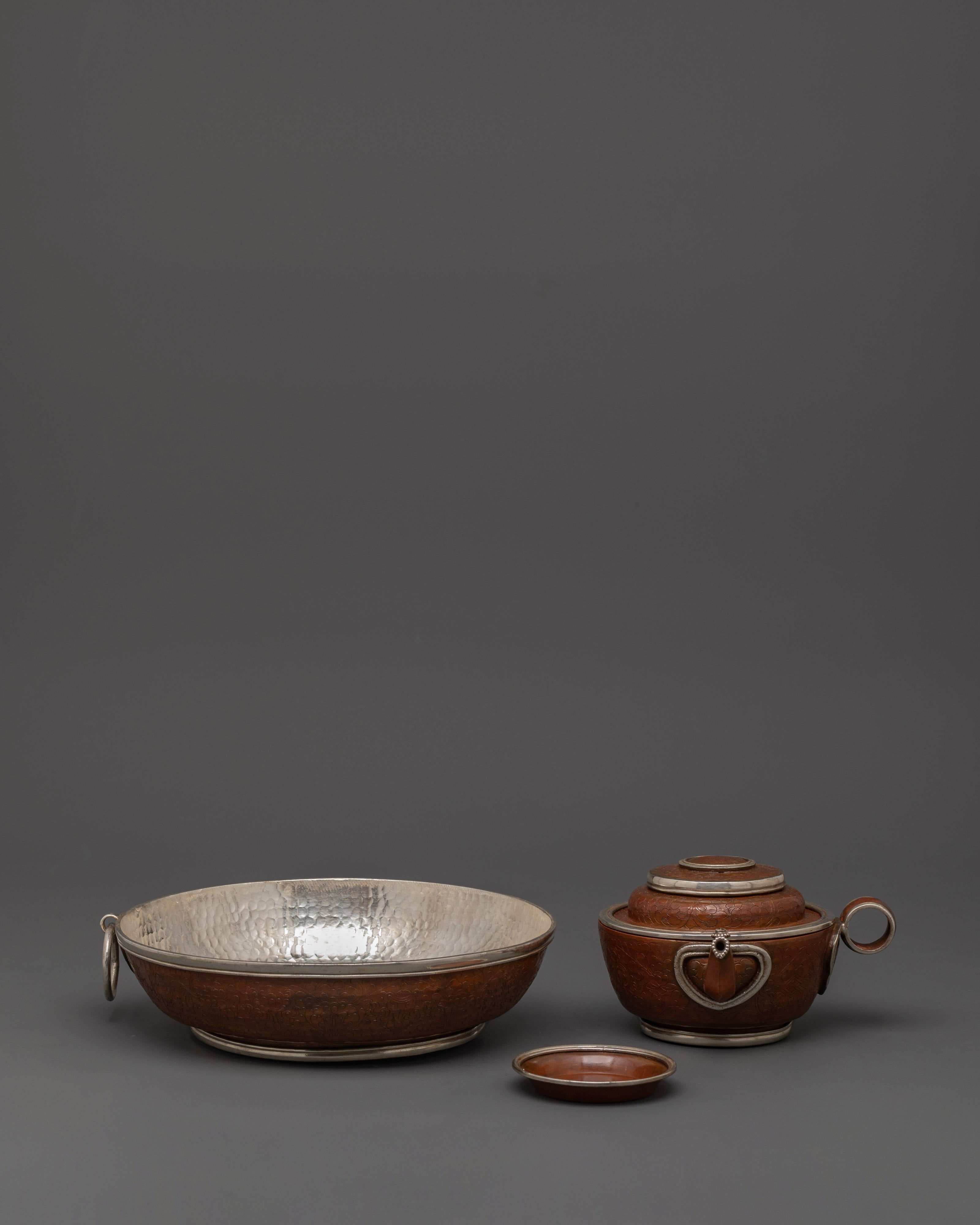 Spiritual Tibetan Water Offering Set | Oxidized Copper Ritual Bowls with Silver-Plated Brass Lining