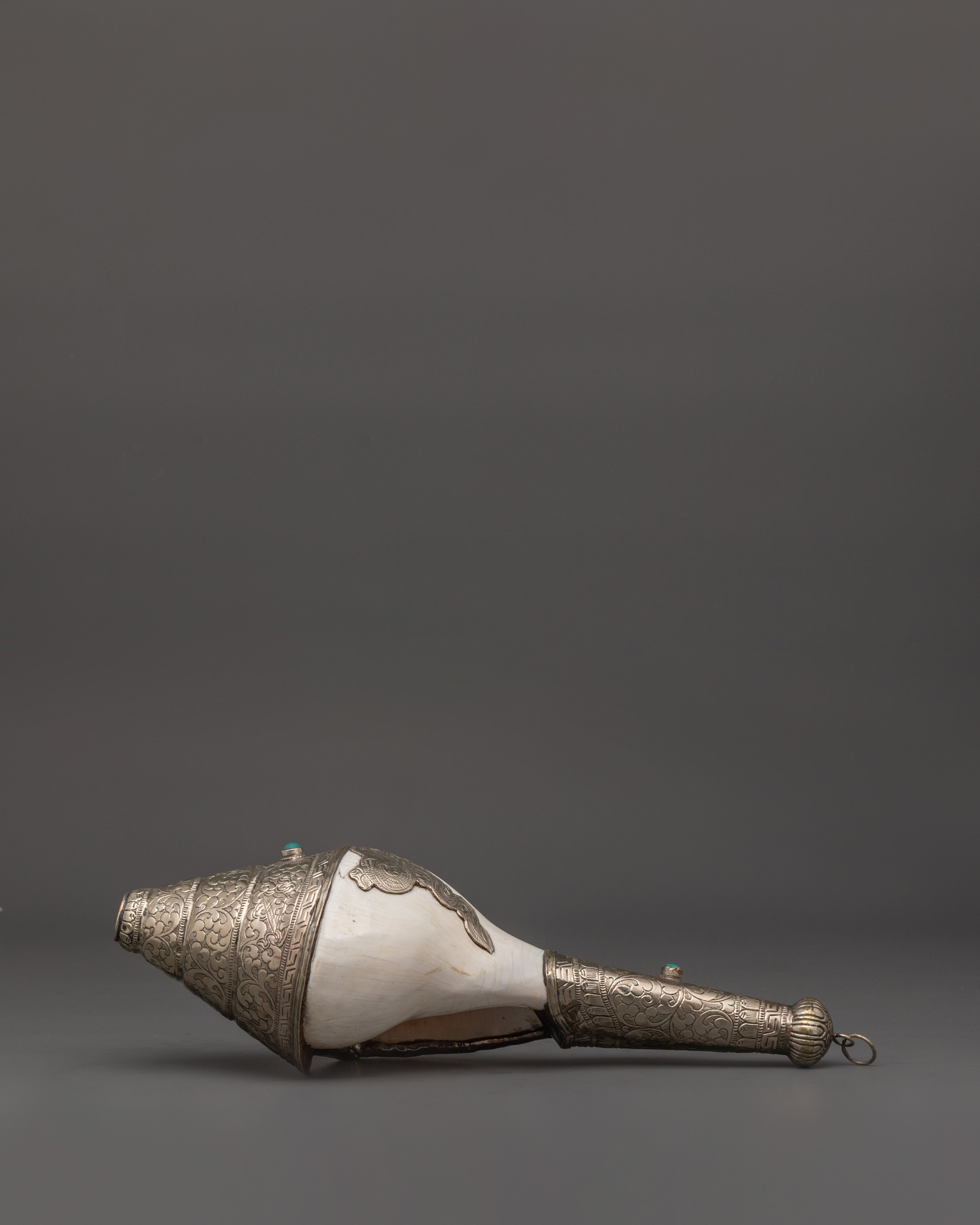 Buddhist Ritual Shankha | Tibetan Conch Shell with Silver Inlay and Turquoise Stones