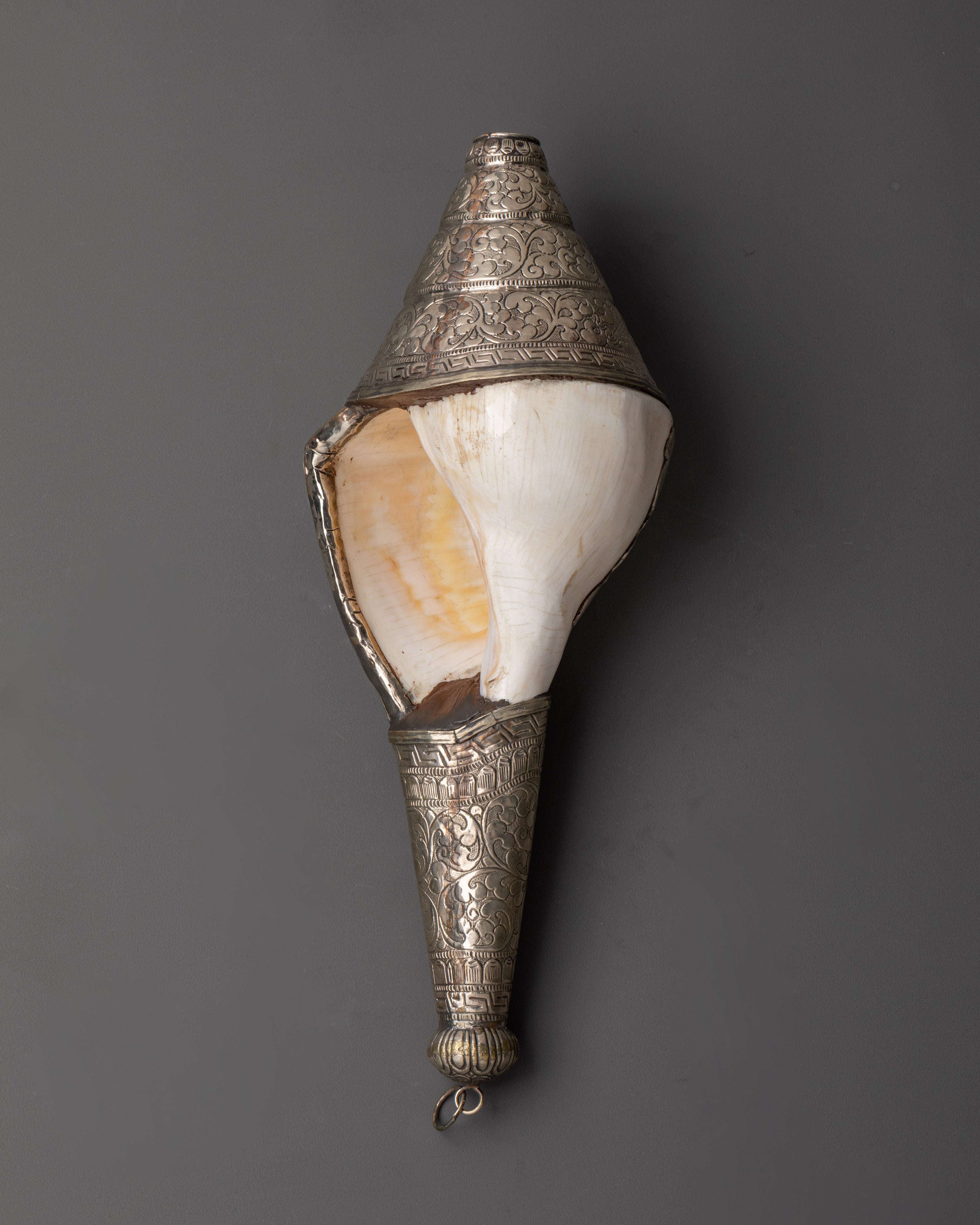 Buddhist Ritual Shankha | Tibetan Conch Shell with Silver Inlay and Turquoise Stones