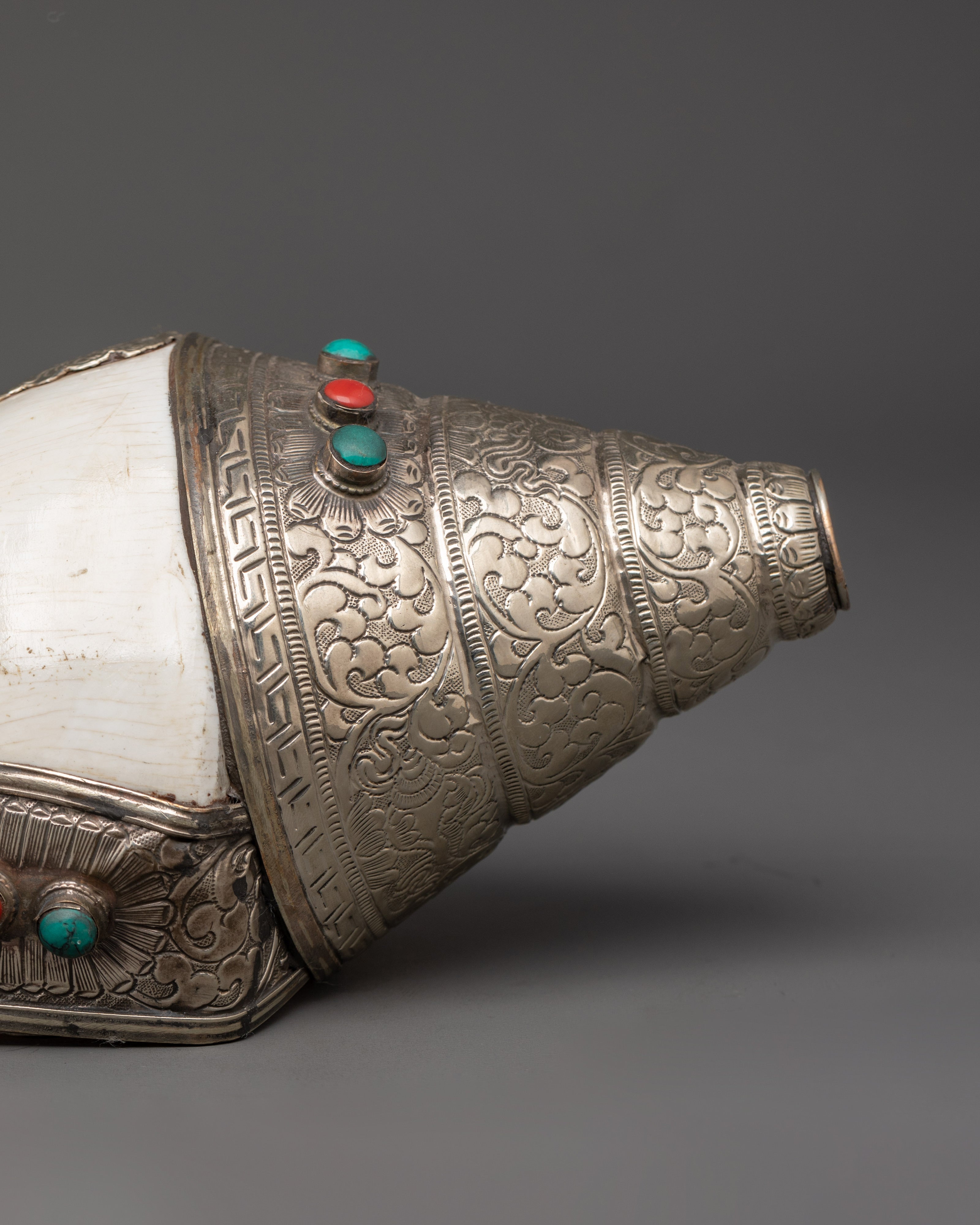 Buddhist Ritual Shankha | Tibetan Conch Shell with Silver Inlay and Turquoise Stones