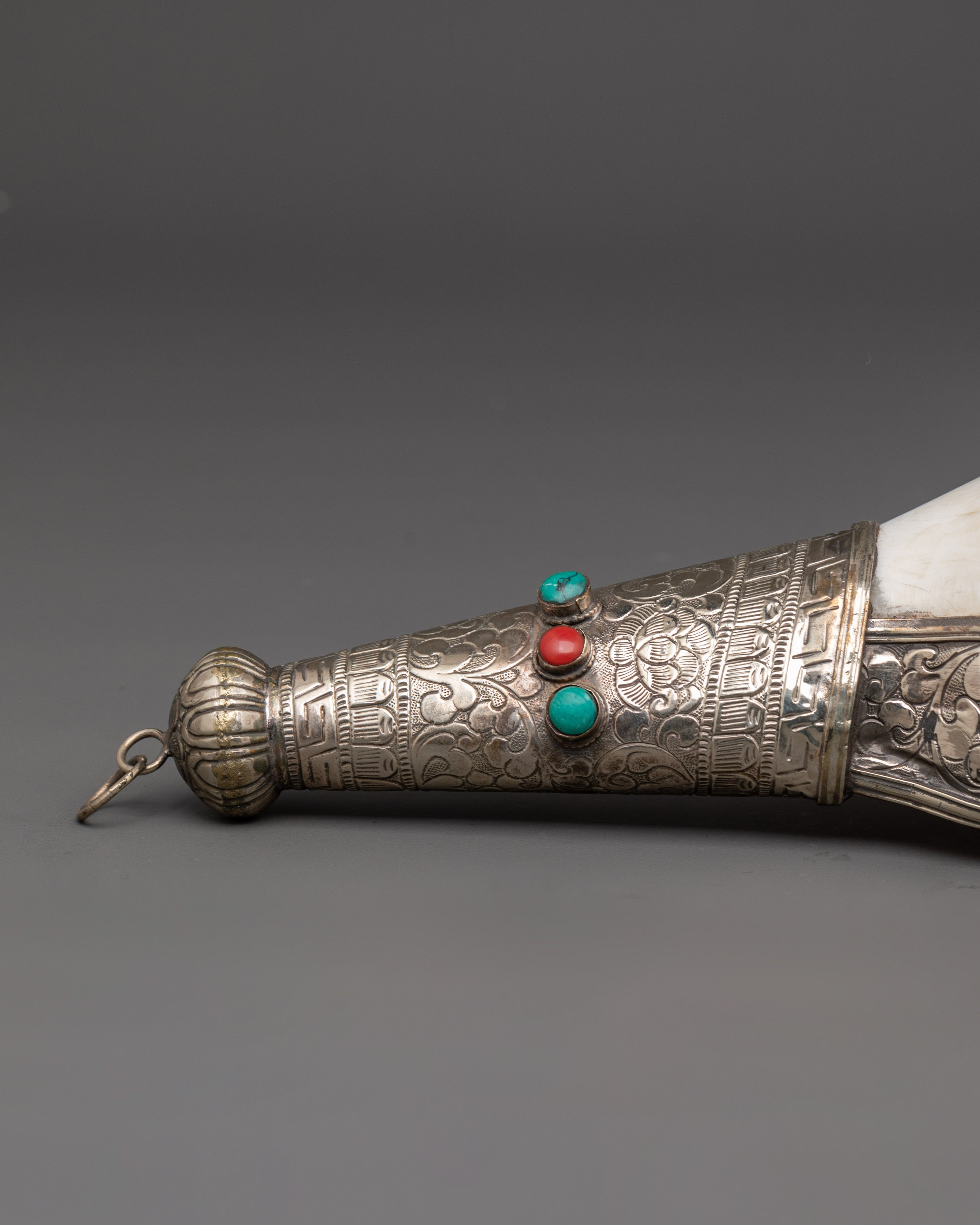 Buddhist Ritual Shankha | Tibetan Conch Shell with Silver Inlay and Turquoise Stones