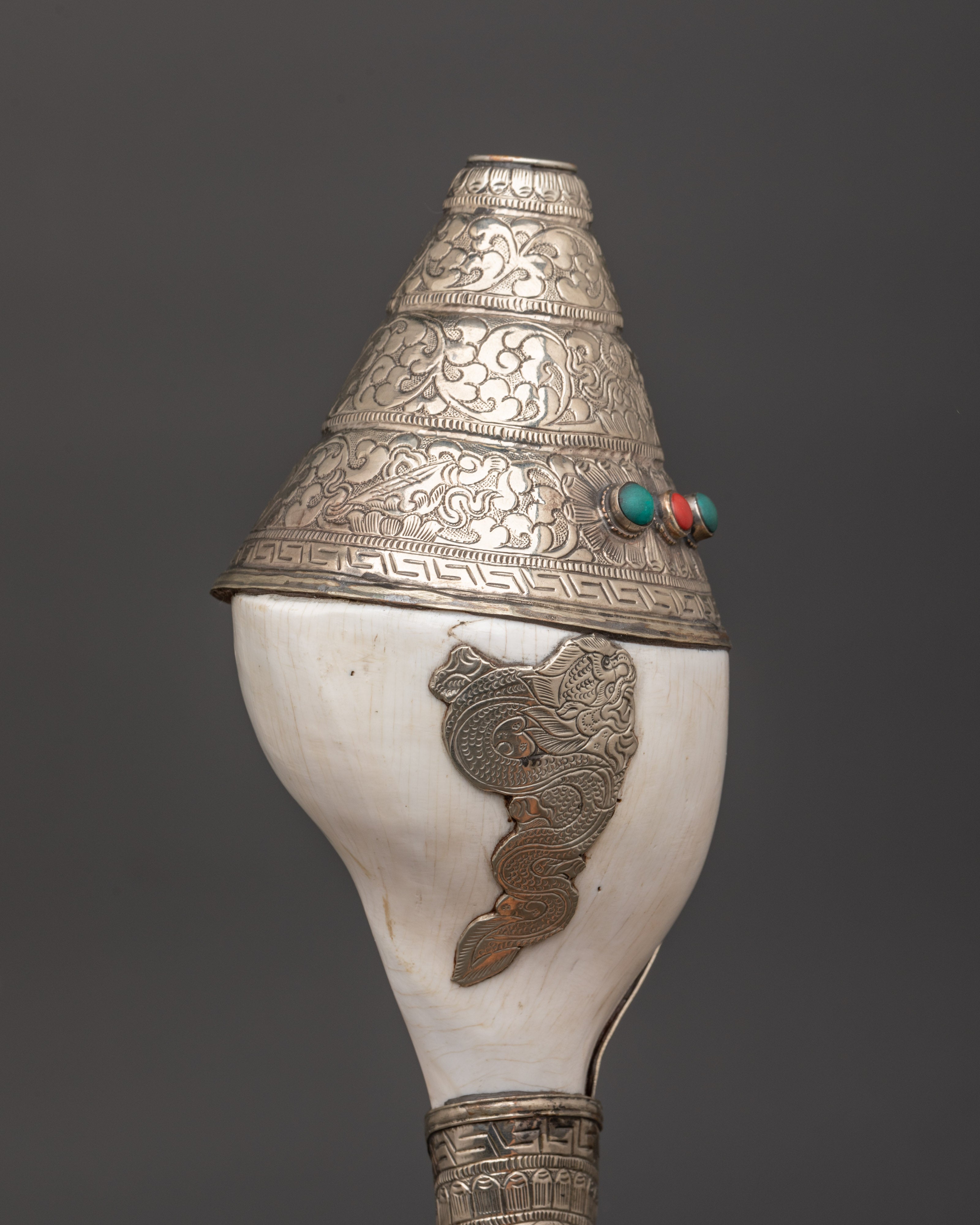 Buddhist Ritual Shankha | Tibetan Conch Shell with Silver Inlay and Turquoise Stones
