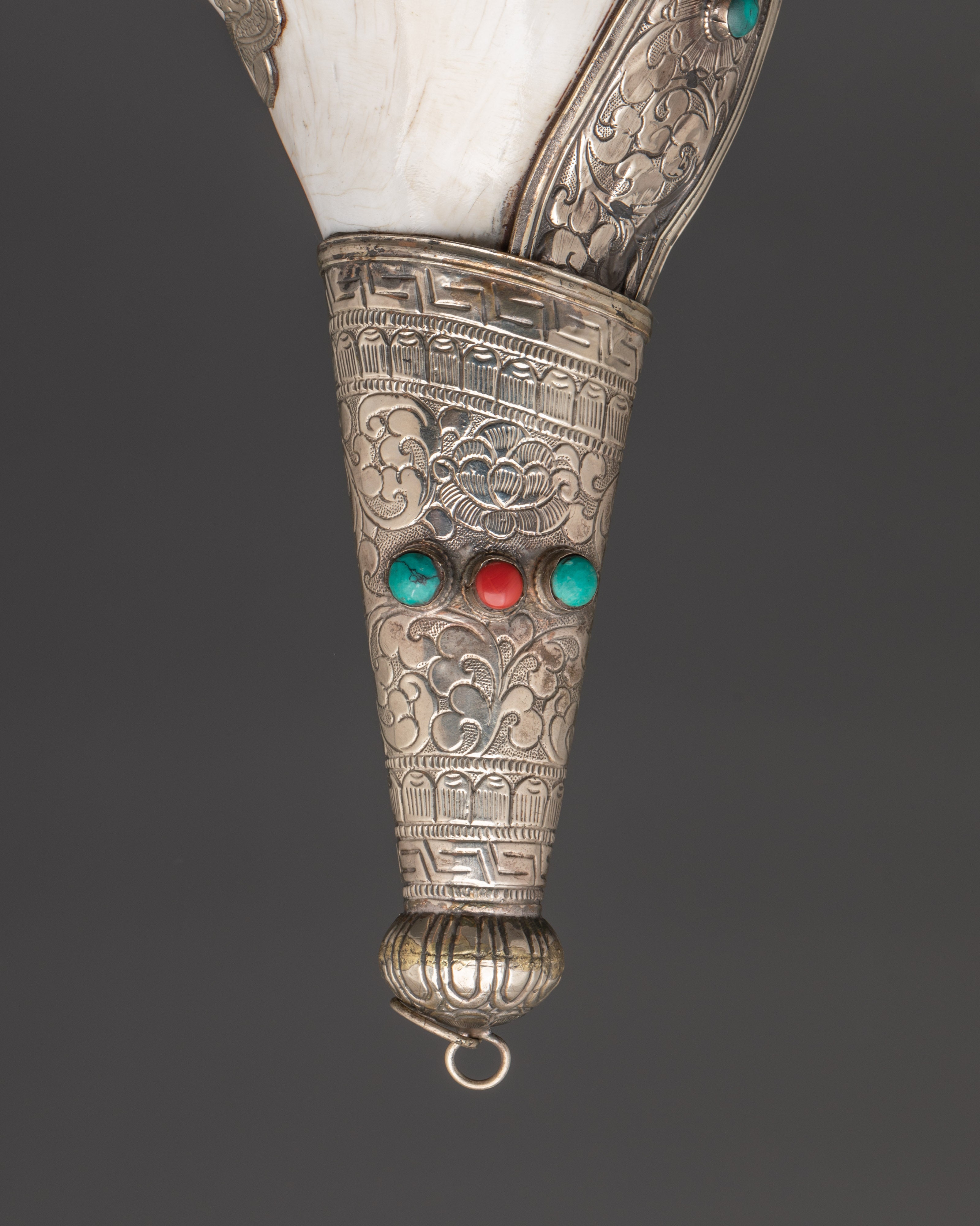 Buddhist Ritual Shankha | Tibetan Conch Shell with Silver Inlay and Turquoise Stones