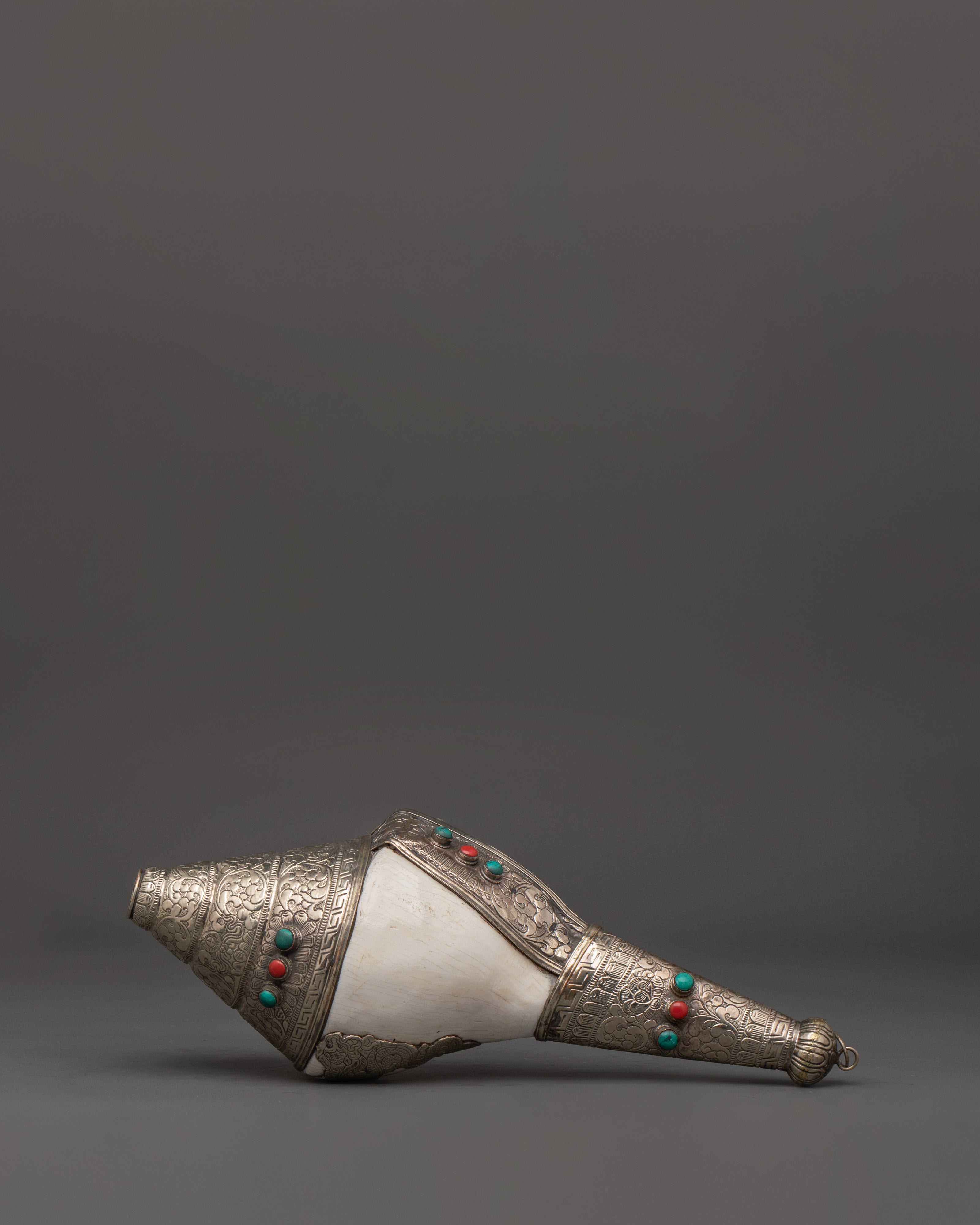 Buddhist Ritual Shankha | Tibetan Conch Shell with Silver Inlay and Turquoise Stones