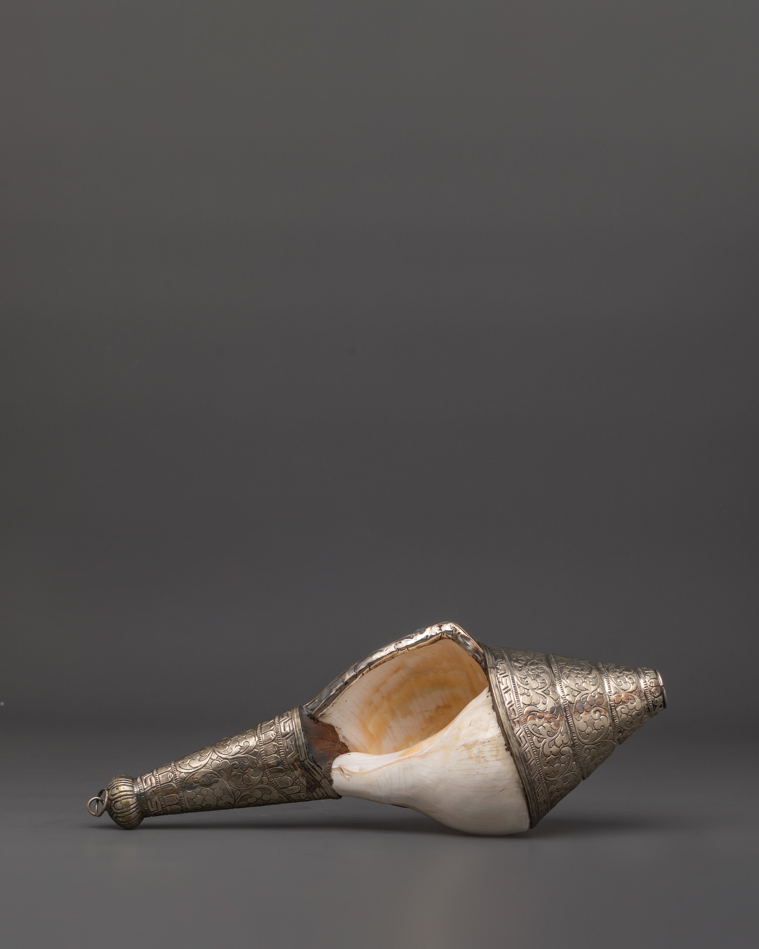 Buddhist Ritual Shankha | Tibetan Conch Shell with Silver Inlay and Turquoise Stones