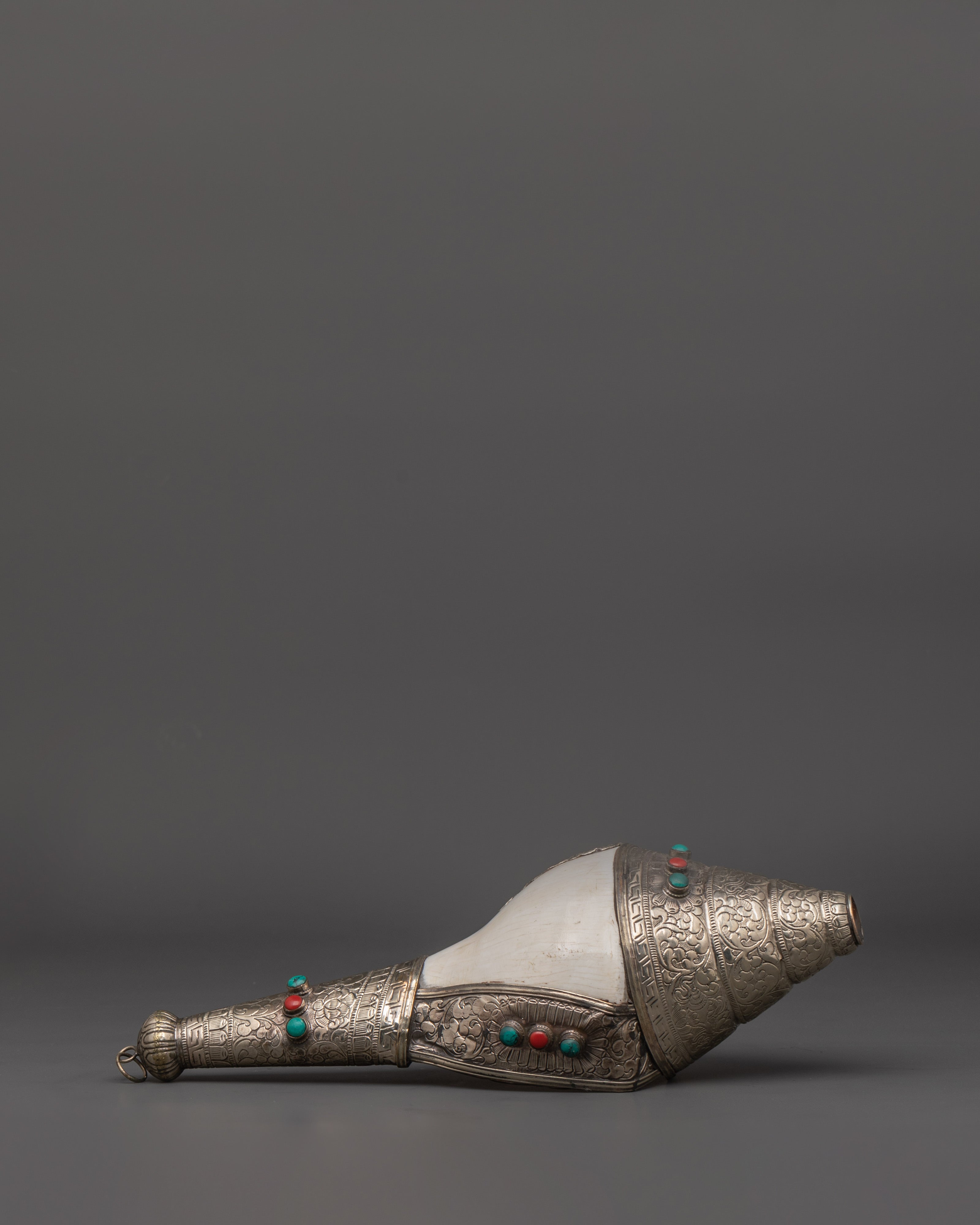 Buddhist Ritual Shankha | Tibetan Conch Shell with Silver Inlay and Turquoise Stones