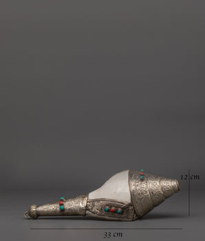 Buddhist Ritual Shankha | Tibetan Conch Shell with Silver Inlay and Turquoise Stones