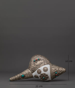 Handcrafted Puja Conch Shell | Tibetan Shankha with Brass and Turquoise Stone