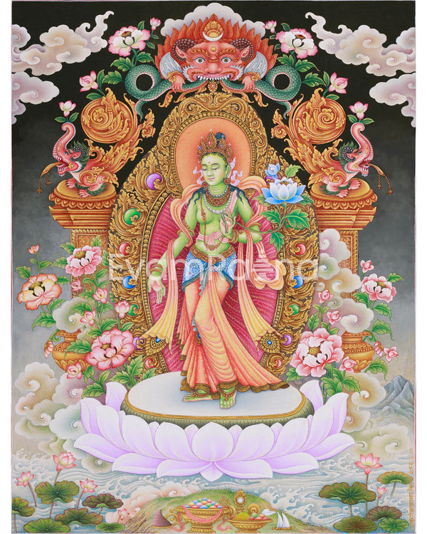 Paubha Masterpiece of Tibetan Goddess Standing Green Tara | Guardian of the Eight Fears