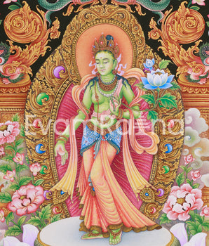 Paubha Masterpiece of Tibetan Goddess Standing Green Tara | Guardian of the Eight Fears