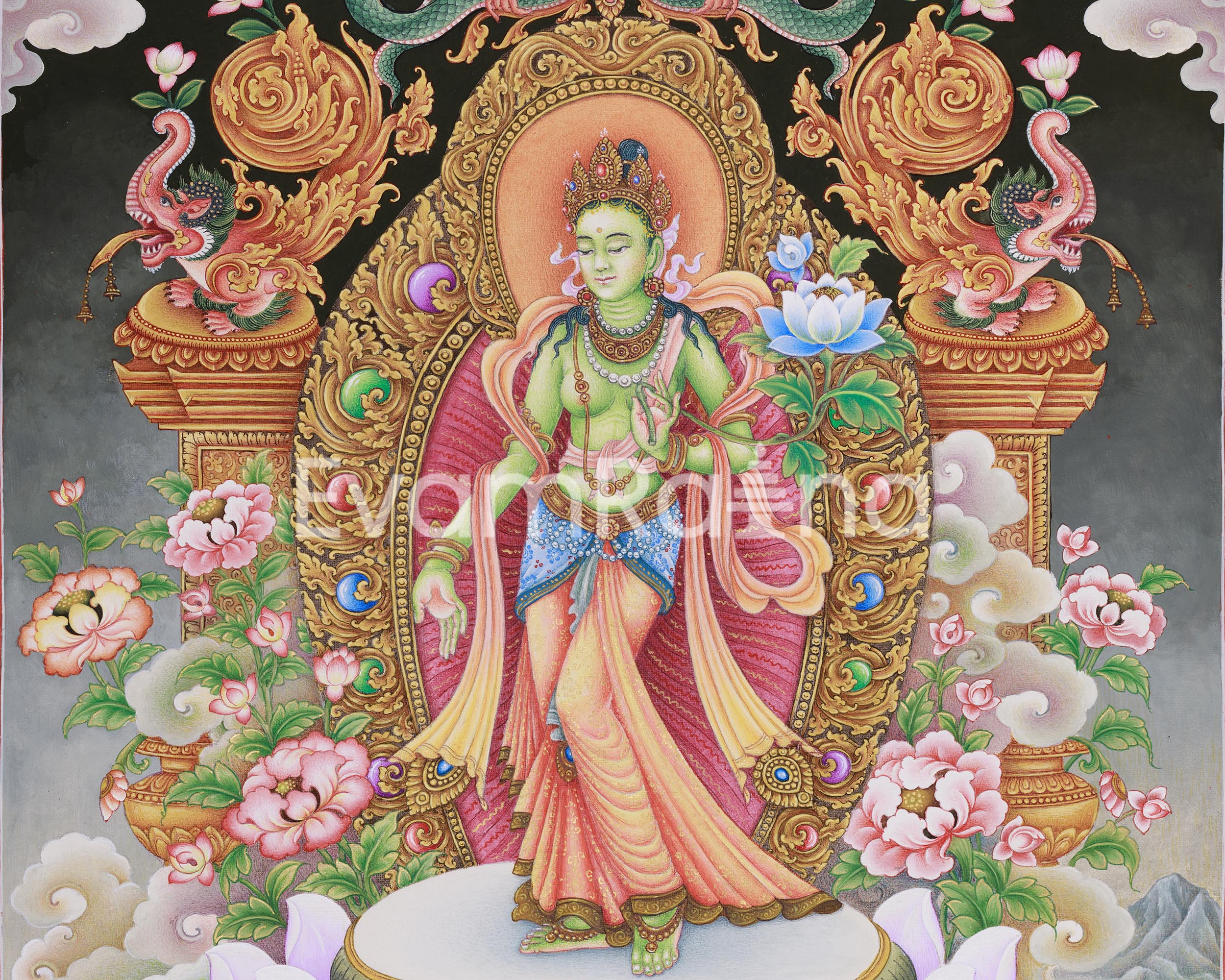 Paubha Masterpiece of Tibetan Goddess Standing Green Tara | Guardian of the Eight Fears