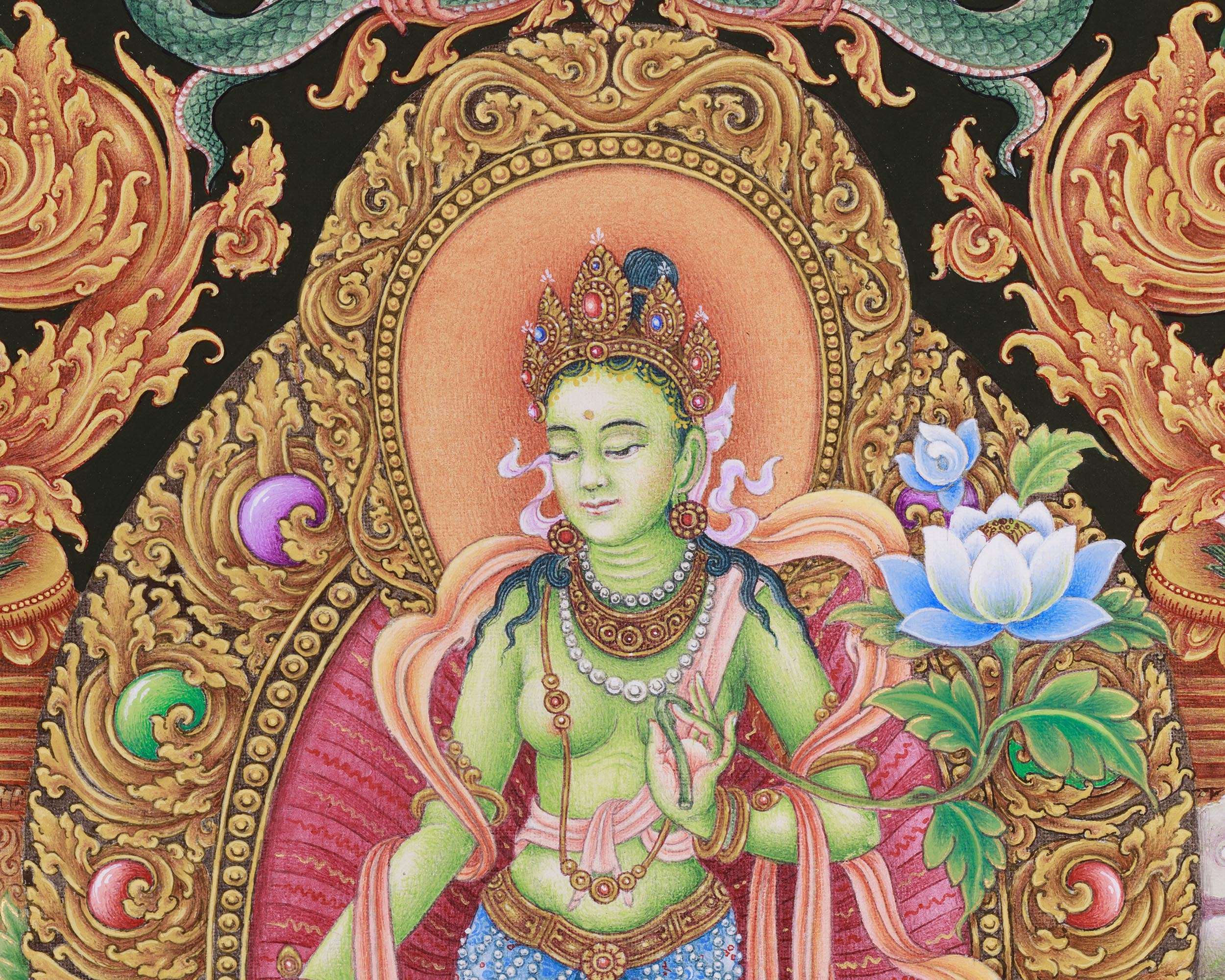 Paubha Masterpiece of Tibetan Goddess Standing Green Tara | Guardian of the Eight Fears
