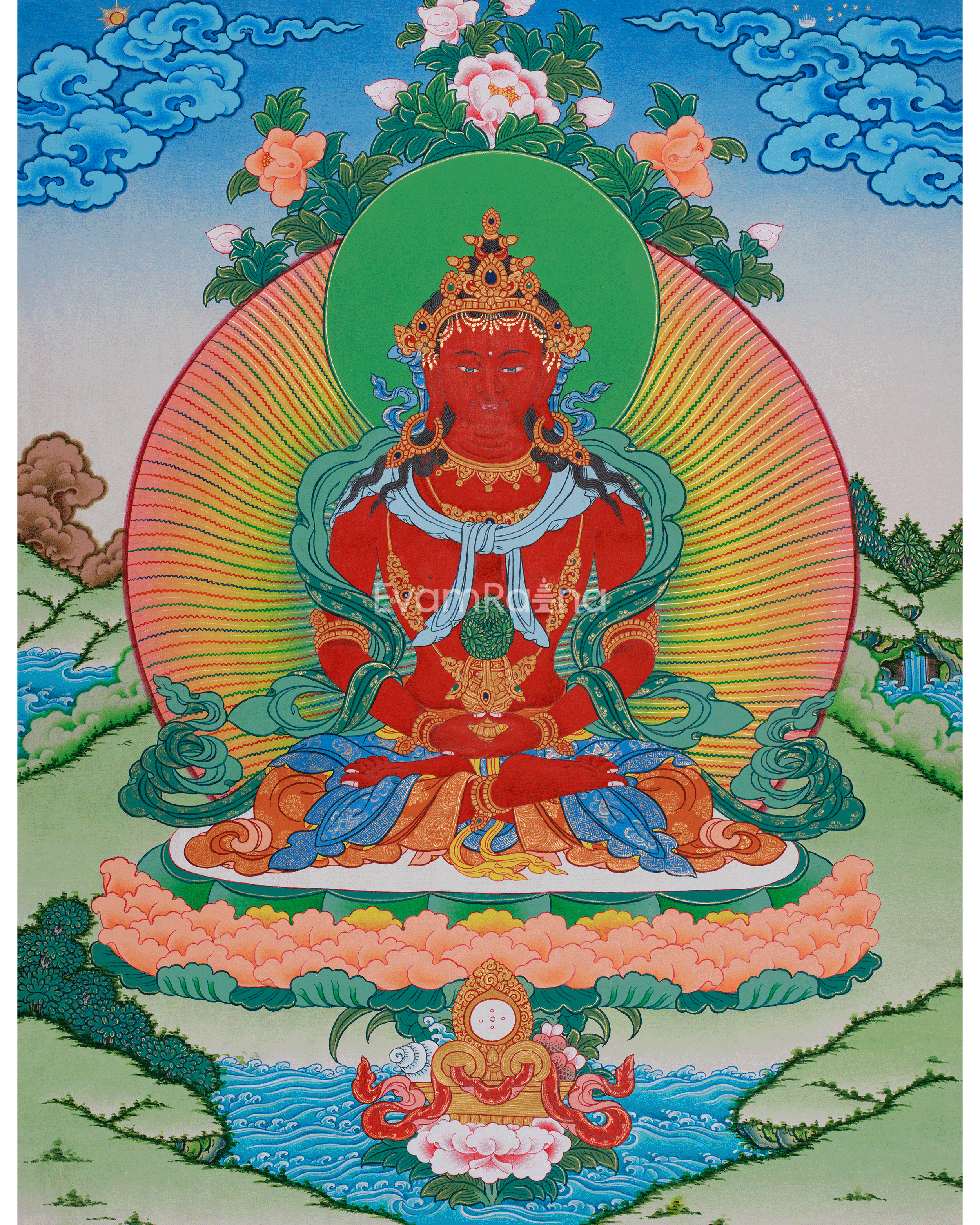 Hand-Painted Buddha Amitayus Thangka | Buddha of Long Life and Eternal Blessings