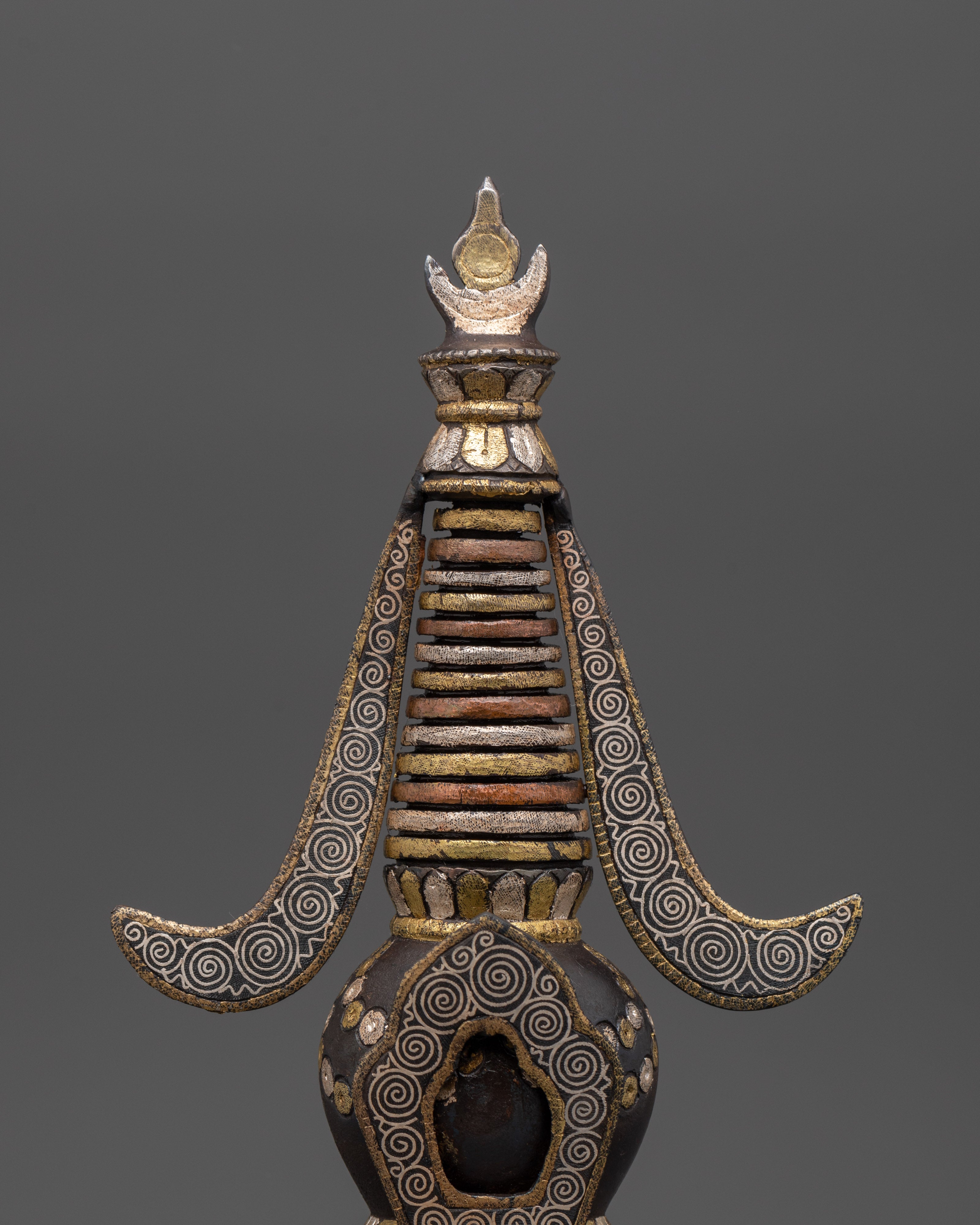 Handcrafted Iron Stupa with Silver Plating & Brass Inlay | For Altar Decor