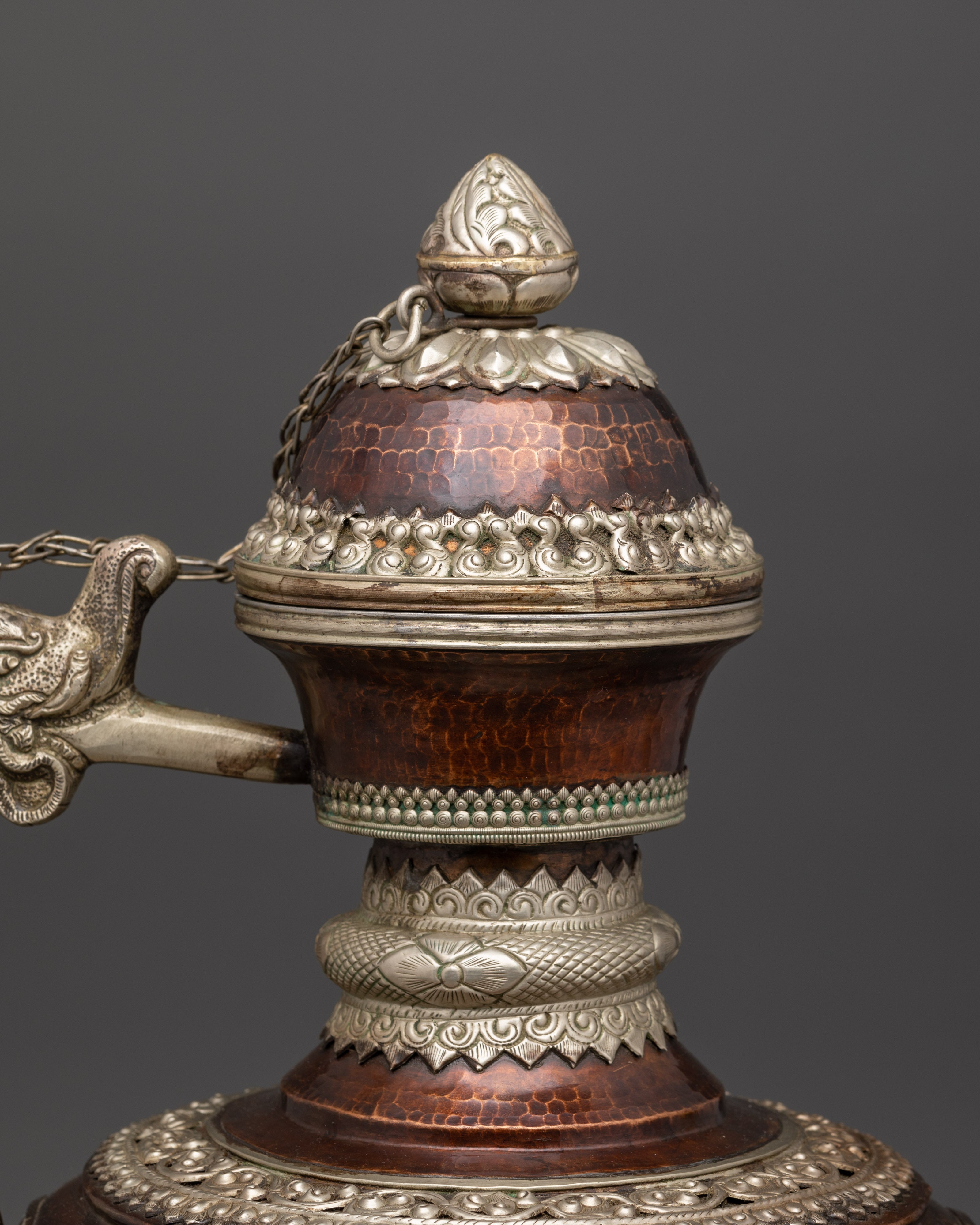 Handcrafted Copper Tea Pot Set | White Metal Himalayan Ritual Pair