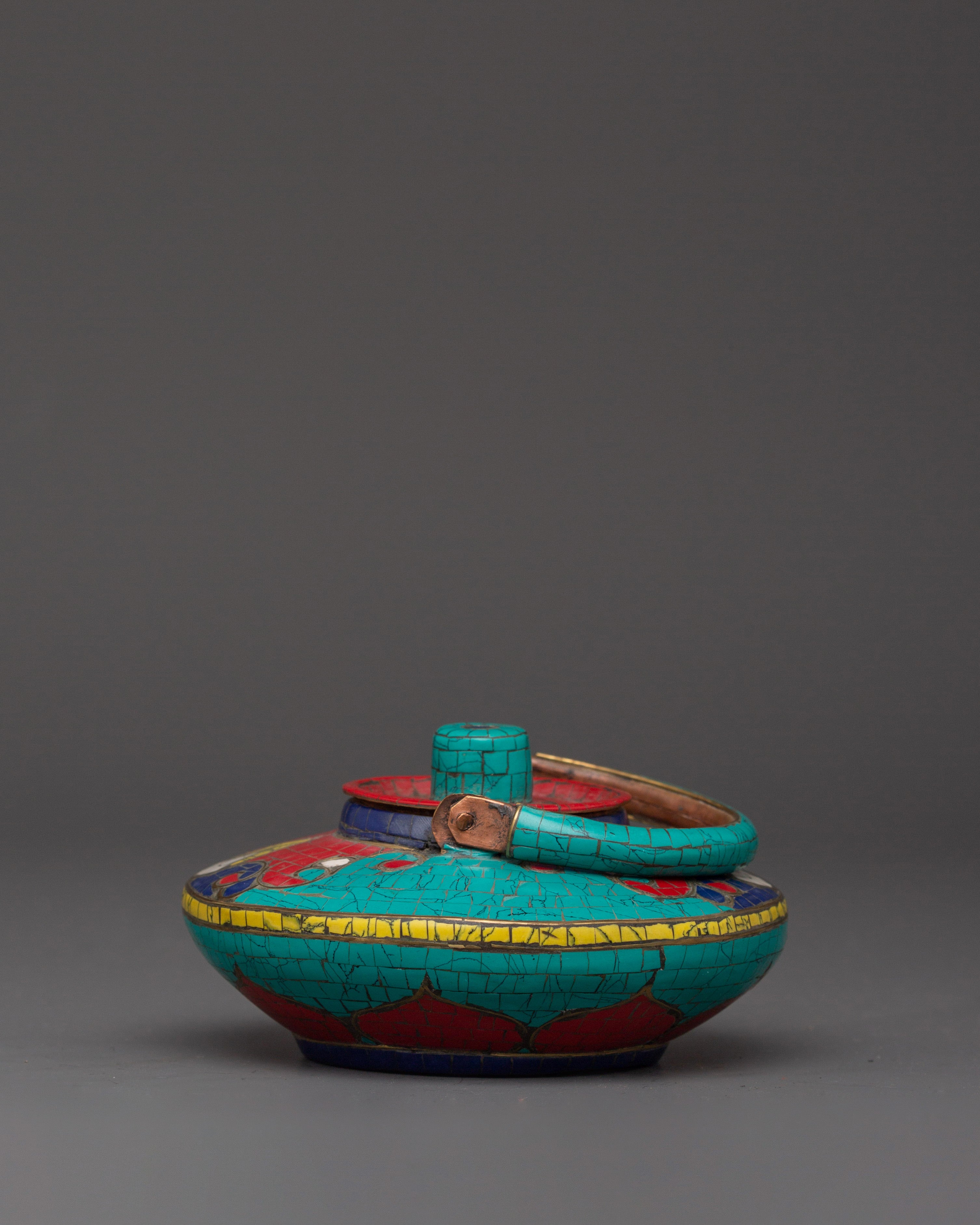 Handcrafted Copper Teapot | Turquoise, Coral & Lapis Inlaid Tibetan Artwork