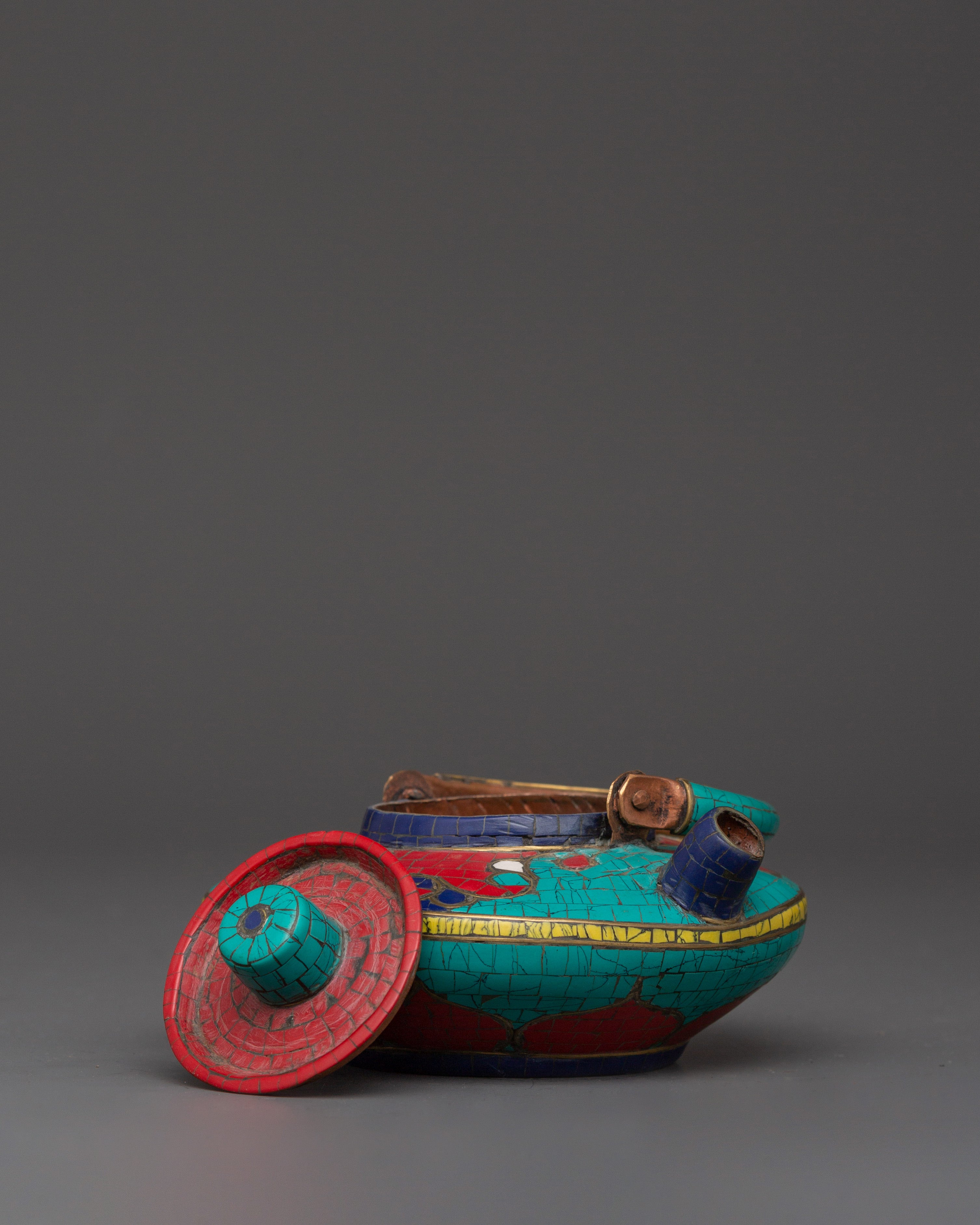 Handcrafted Copper Teapot | Turquoise, Coral & Lapis Inlaid Tibetan Artwork