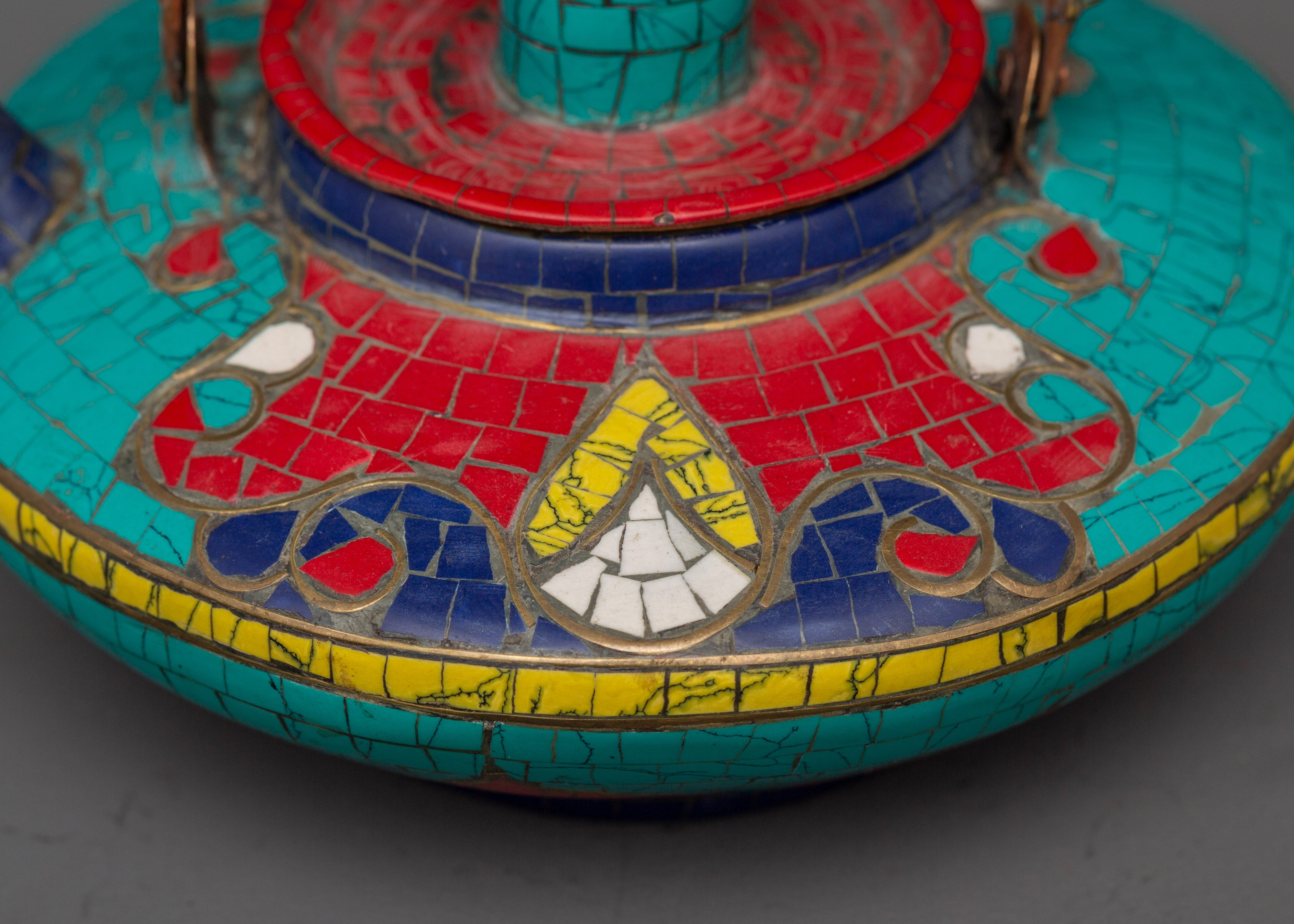Handcrafted Copper Teapot | Turquoise, Coral & Lapis Inlaid Tibetan Artwork
