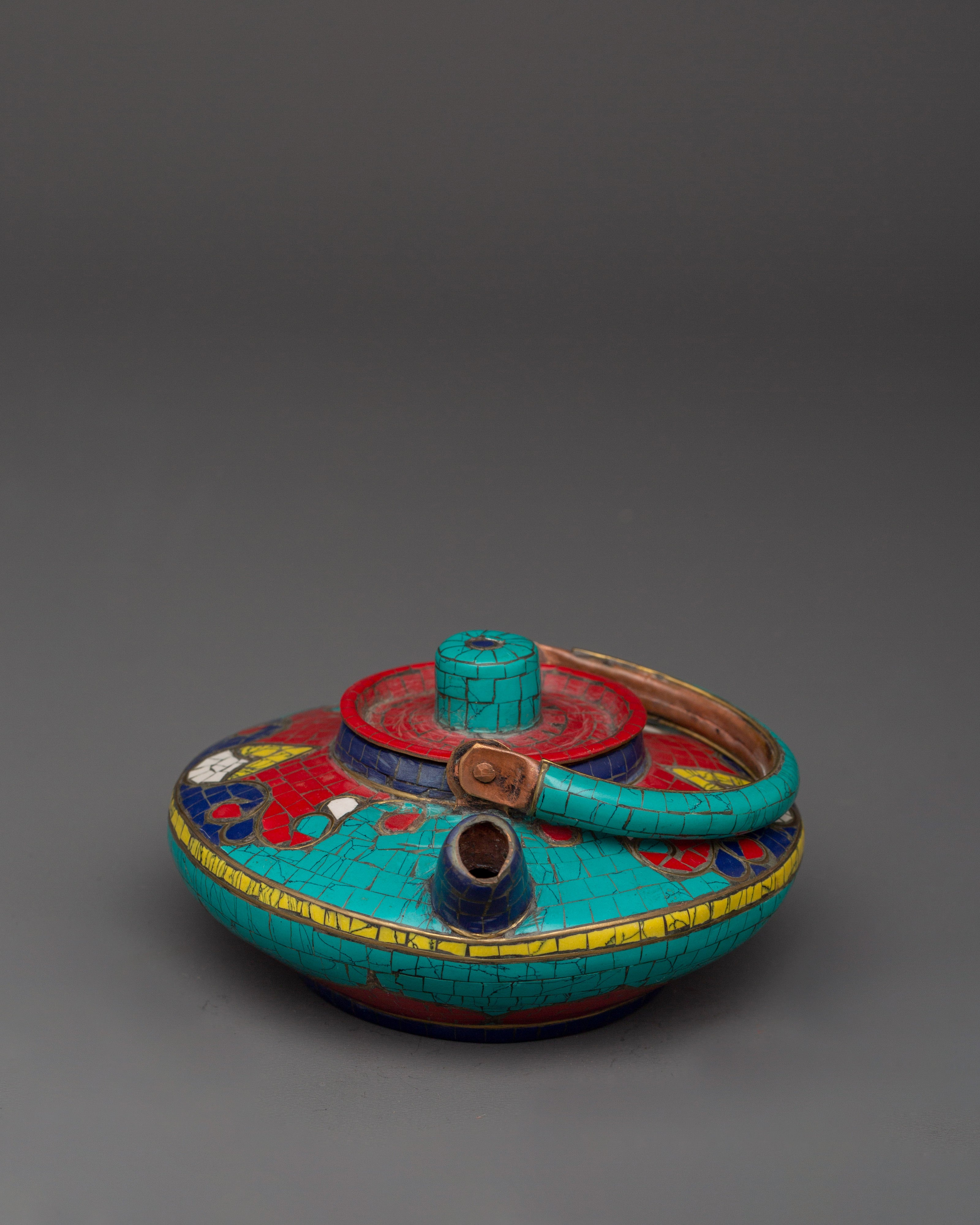 Handcrafted Copper Teapot | Turquoise, Coral & Lapis Inlaid Tibetan Artwork