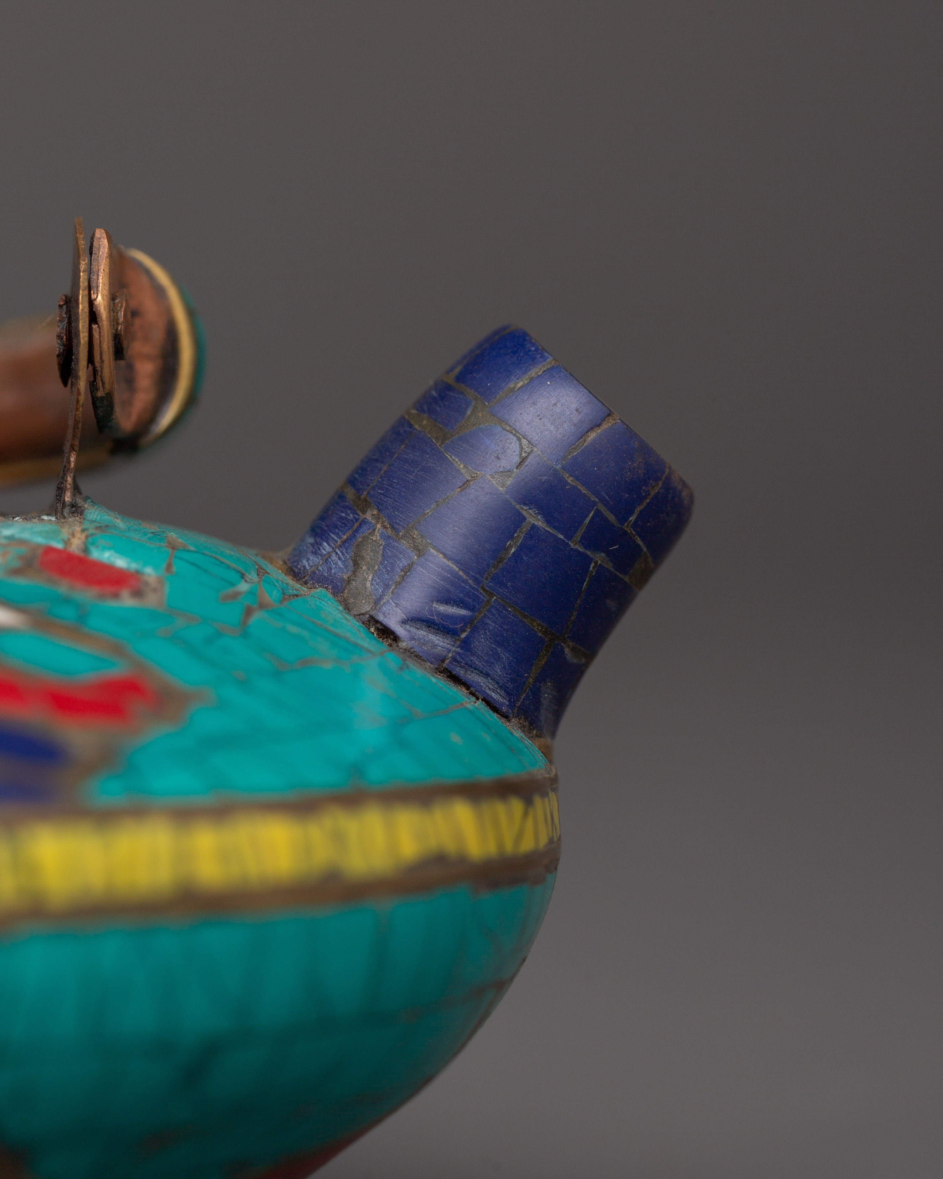 Handcrafted Copper Teapot | Turquoise, Coral & Lapis Inlaid Tibetan Artwork