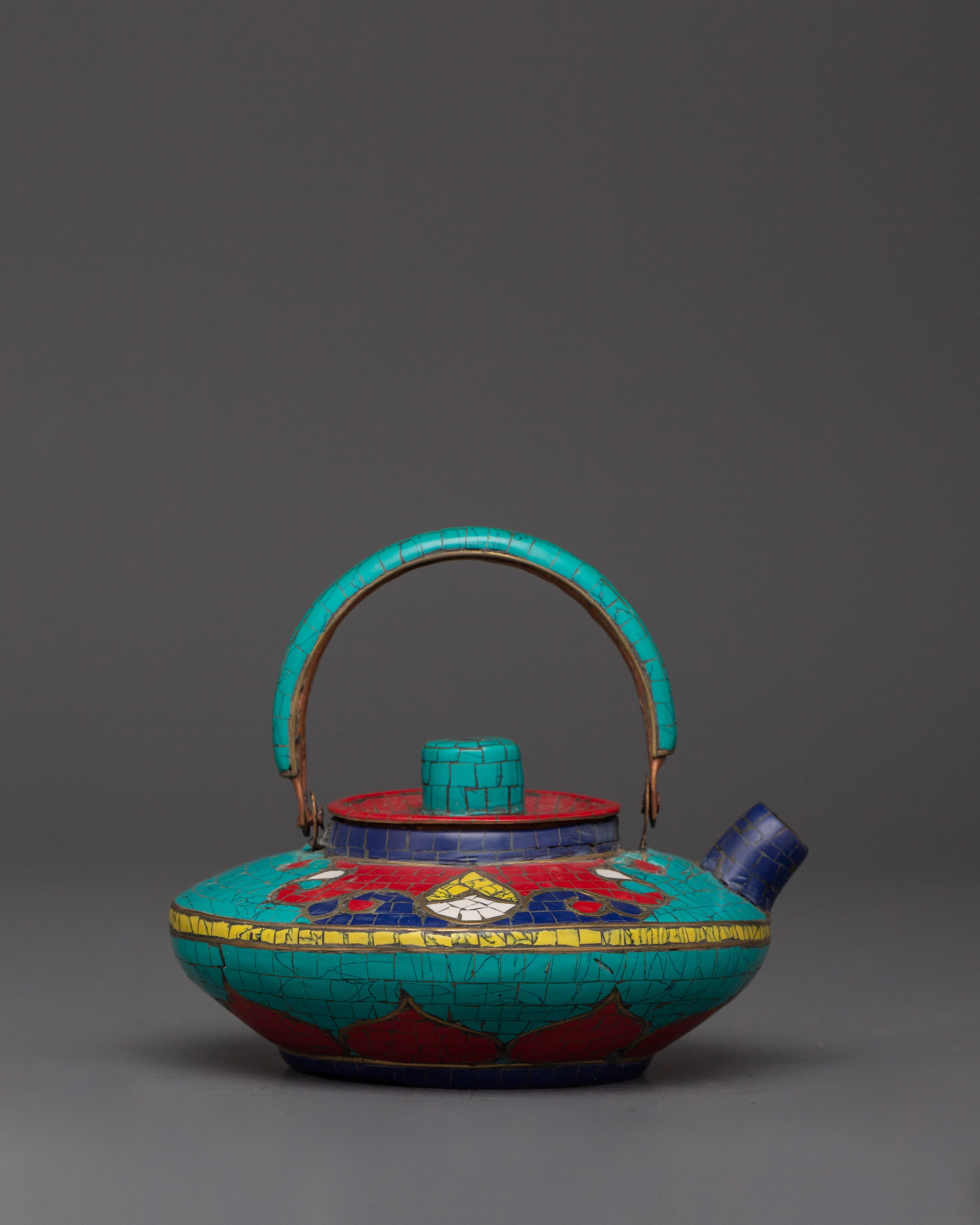 Handcrafted Copper Teapot | Turquoise, Coral & Lapis Inlaid Tibetan Artwork