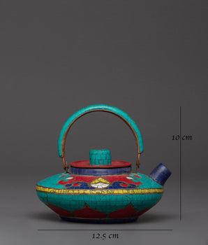 Handcrafted Copper Teapot | Turquoise, Coral & Lapis Inlaid Tibetan Artwork