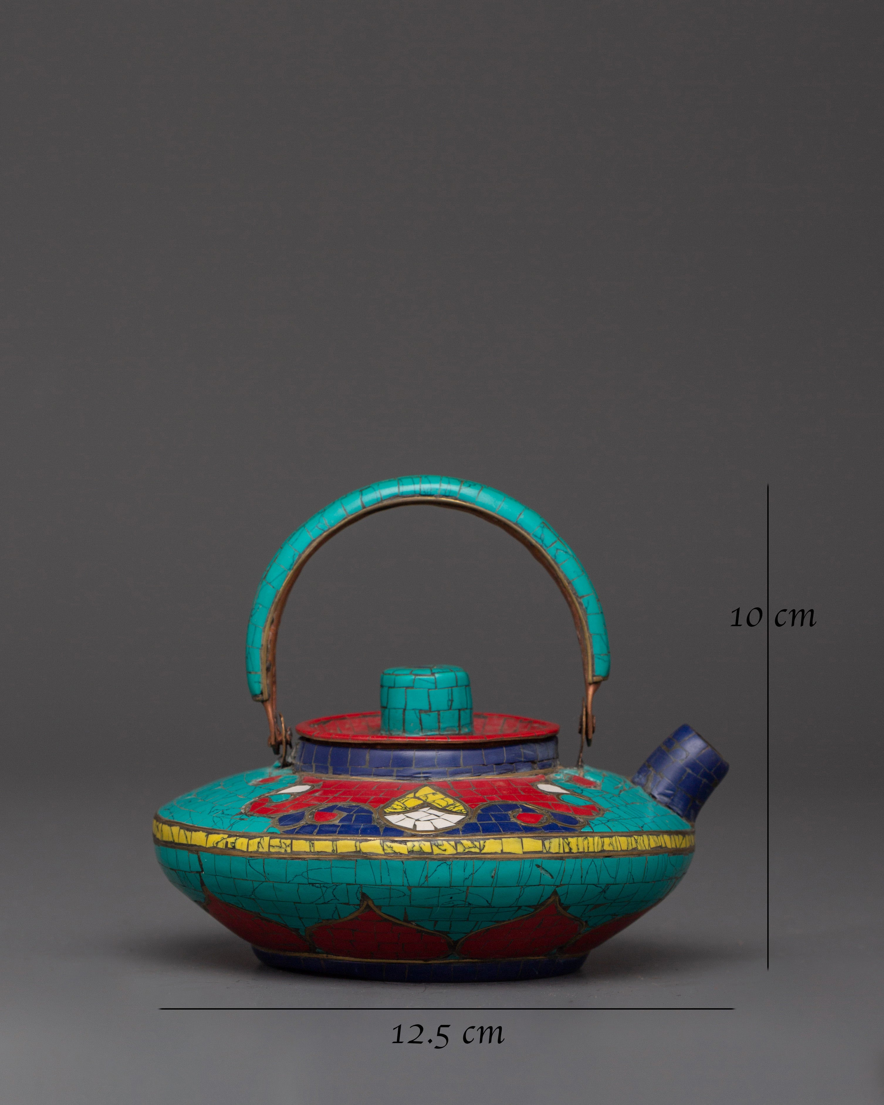 Handcrafted Copper Teapot | Turquoise, Coral & Lapis Inlaid Tibetan Artwork