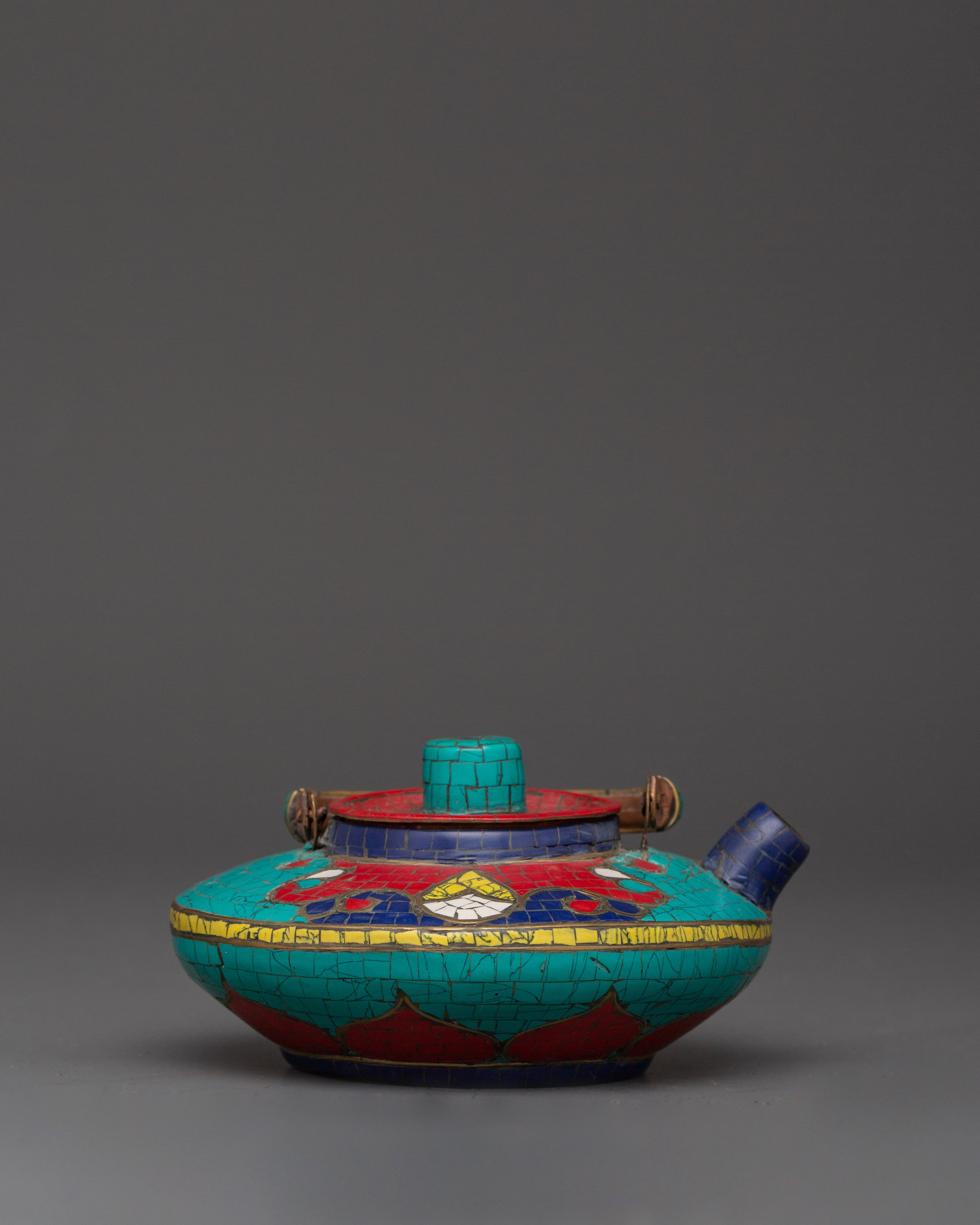 Handcrafted Copper Teapot | Turquoise, Coral & Lapis Inlaid Tibetan Artwork
