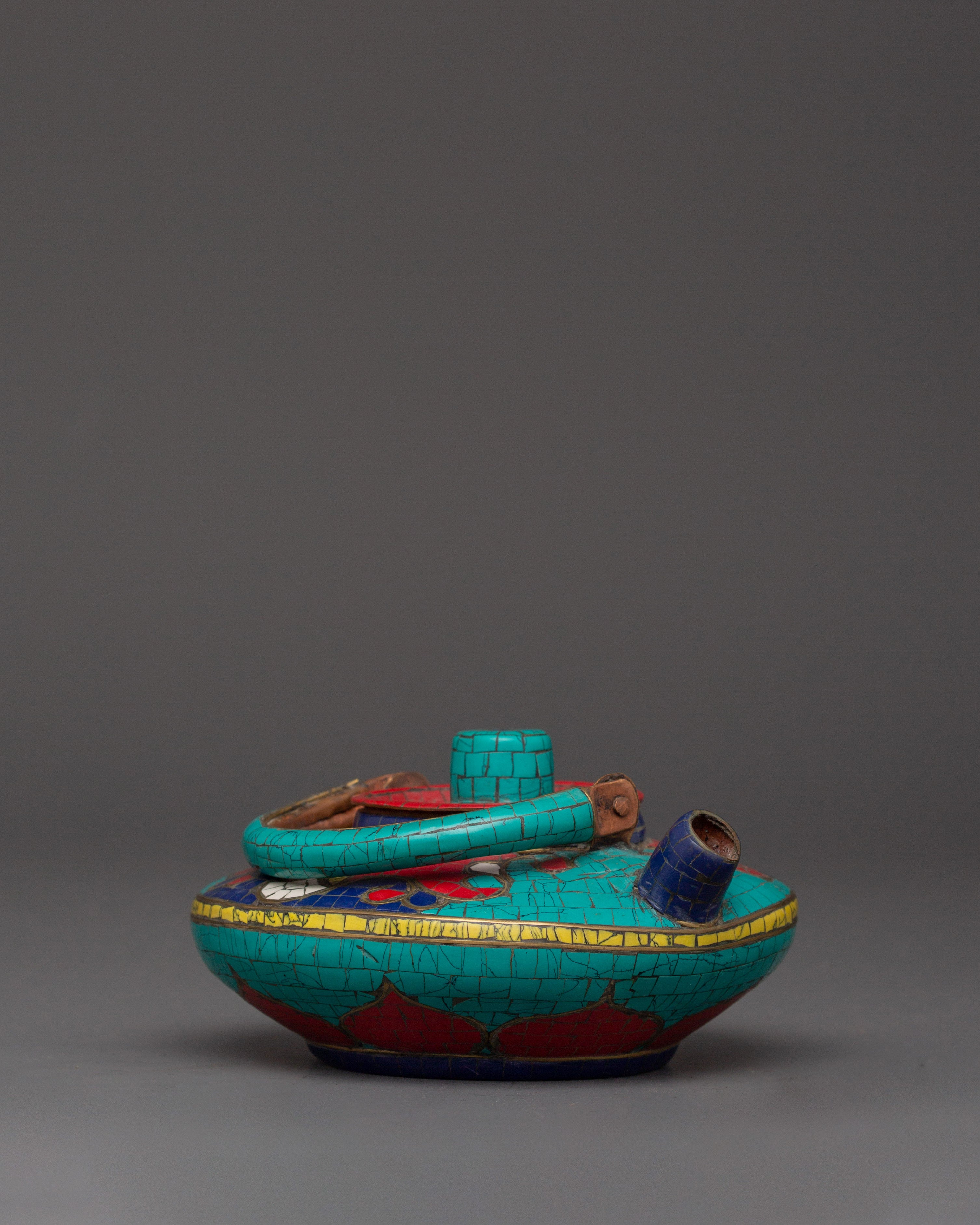 Handcrafted Copper Teapot | Turquoise, Coral & Lapis Inlaid Tibetan Artwork