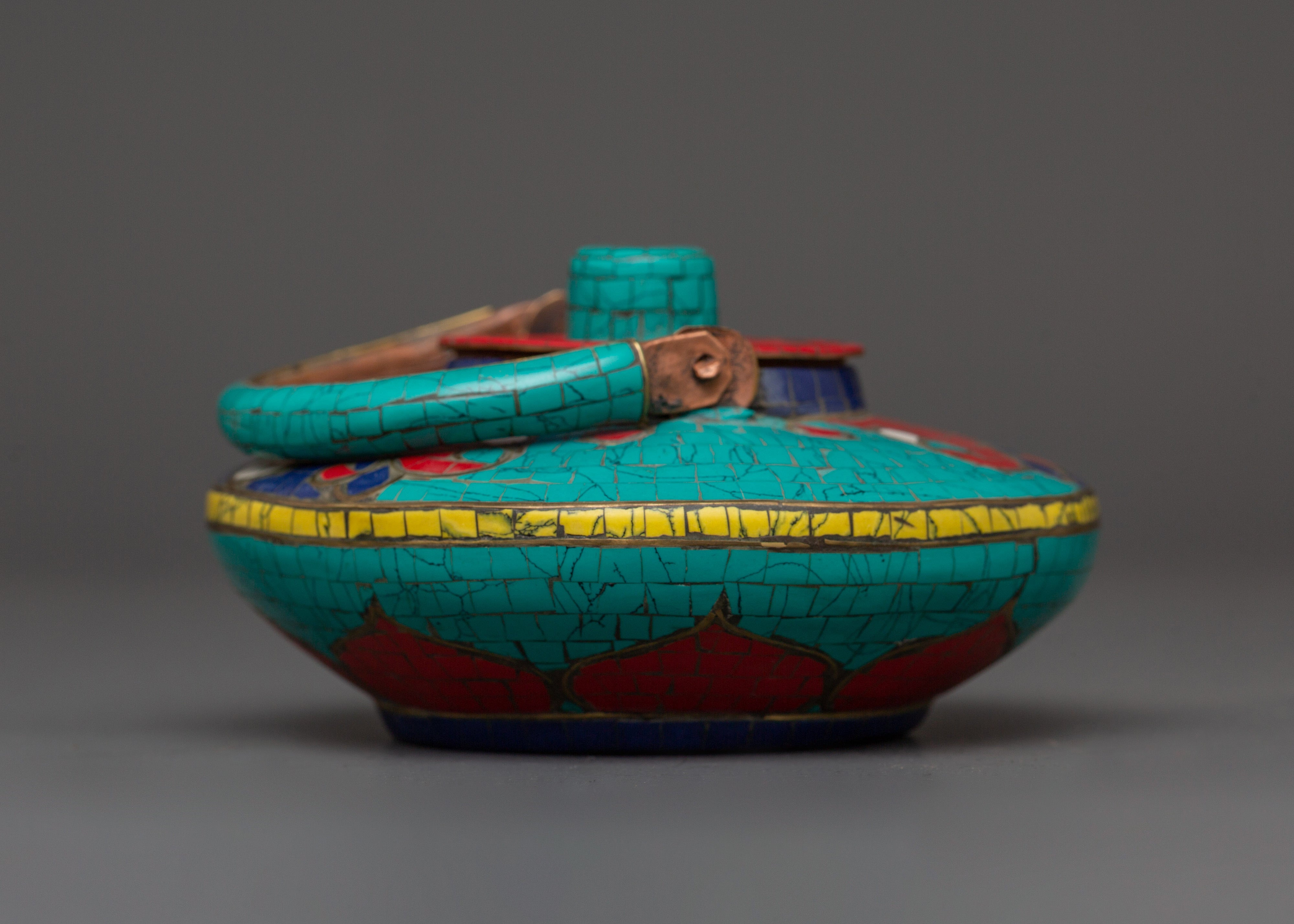 Handcrafted Copper Teapot | Turquoise, Coral & Lapis Inlaid Tibetan Artwork
