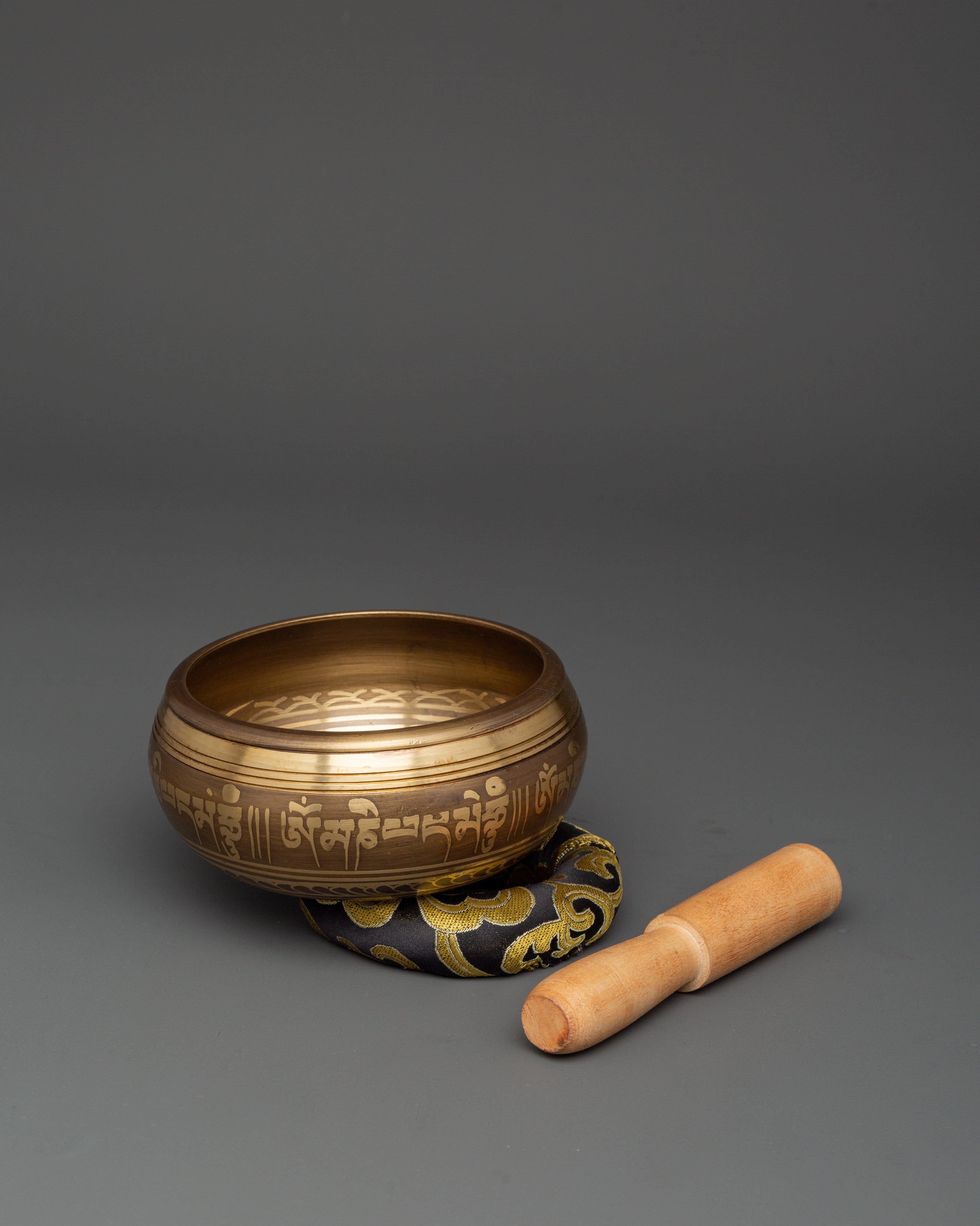 Singing Bowl with Five Buddhas Engraved | Tibetan Bowl with Cushion & Wooden Mallet
