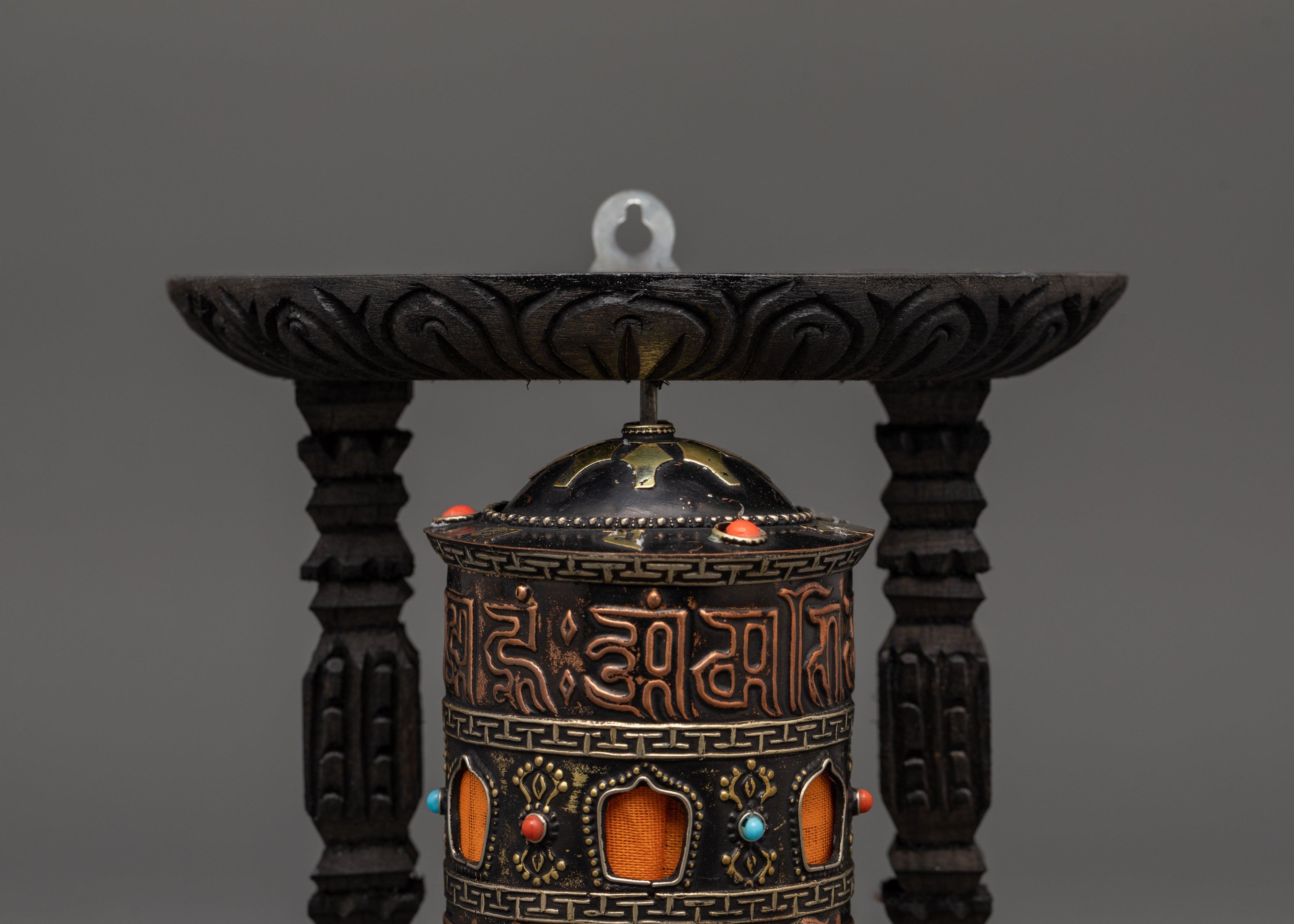 Sacred Tibetan Spinning Mantra Wheel | Copper, Coral, and Turquoise Stones