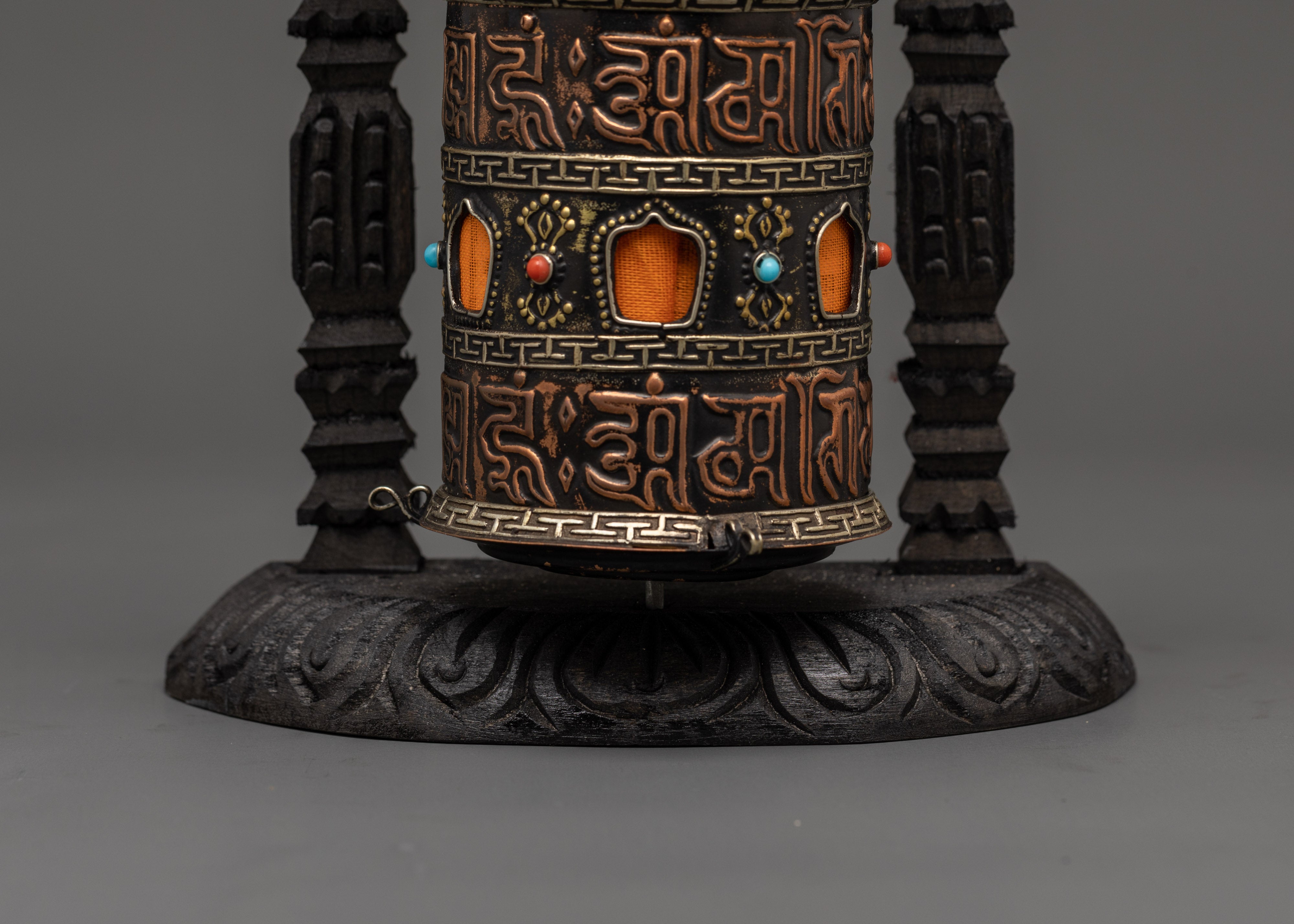 Sacred Tibetan Spinning Mantra Wheel | Copper, Coral, and Turquoise Stones