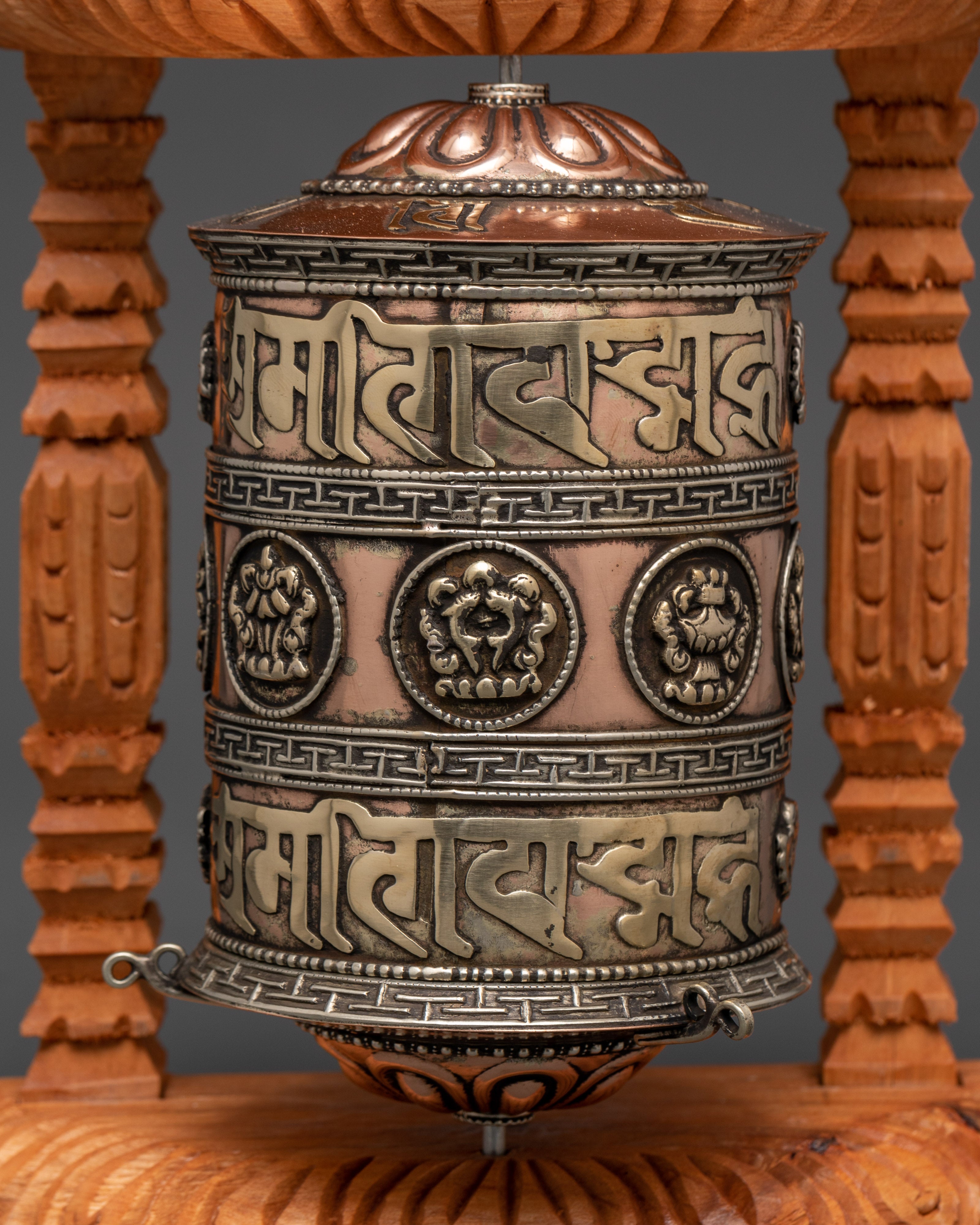 Large Copper & Brass Prayer Wheel | Sacred Wood Frame