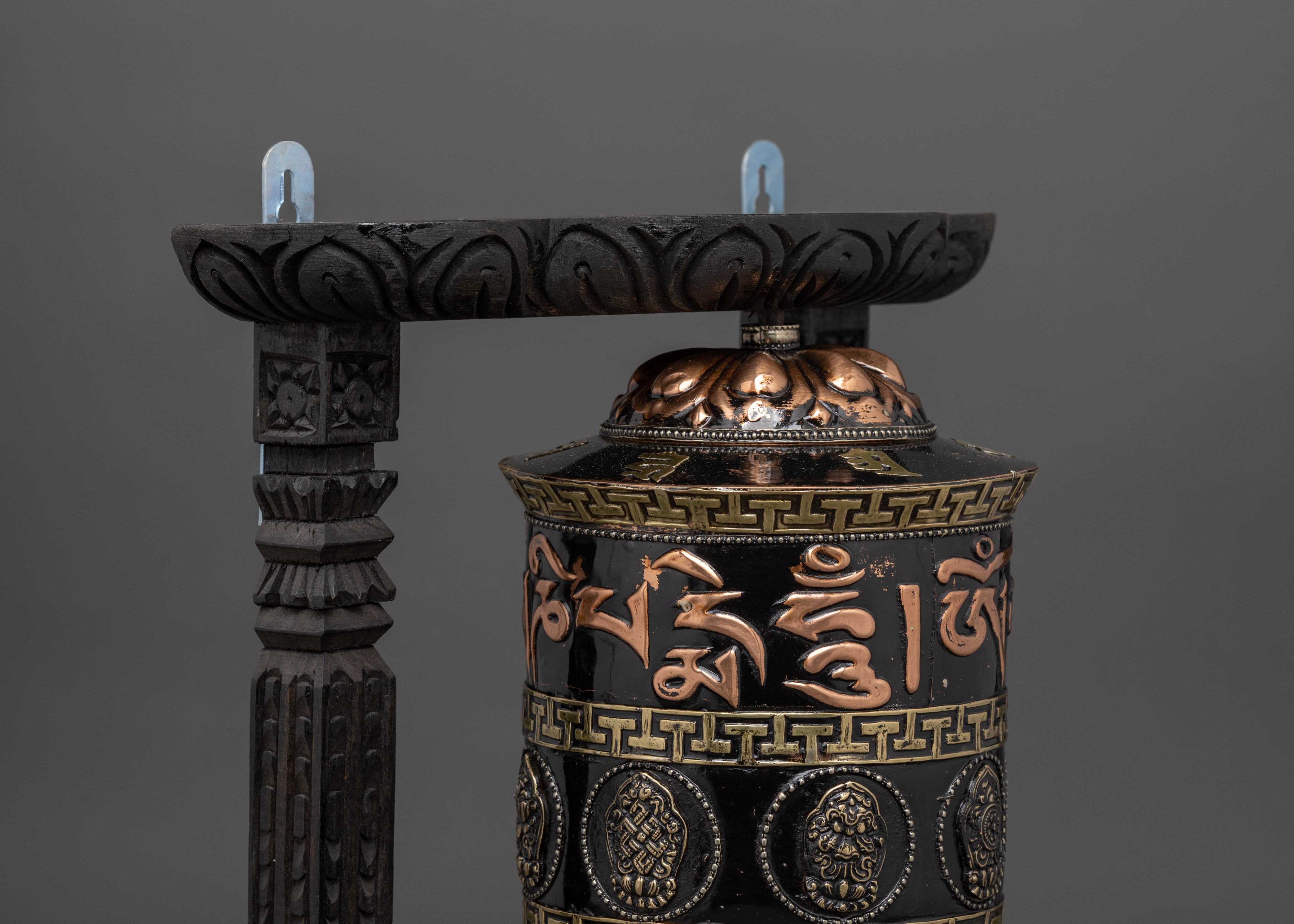 Copper & Brass Prayer Wheel | Sacred Black Wood Frame