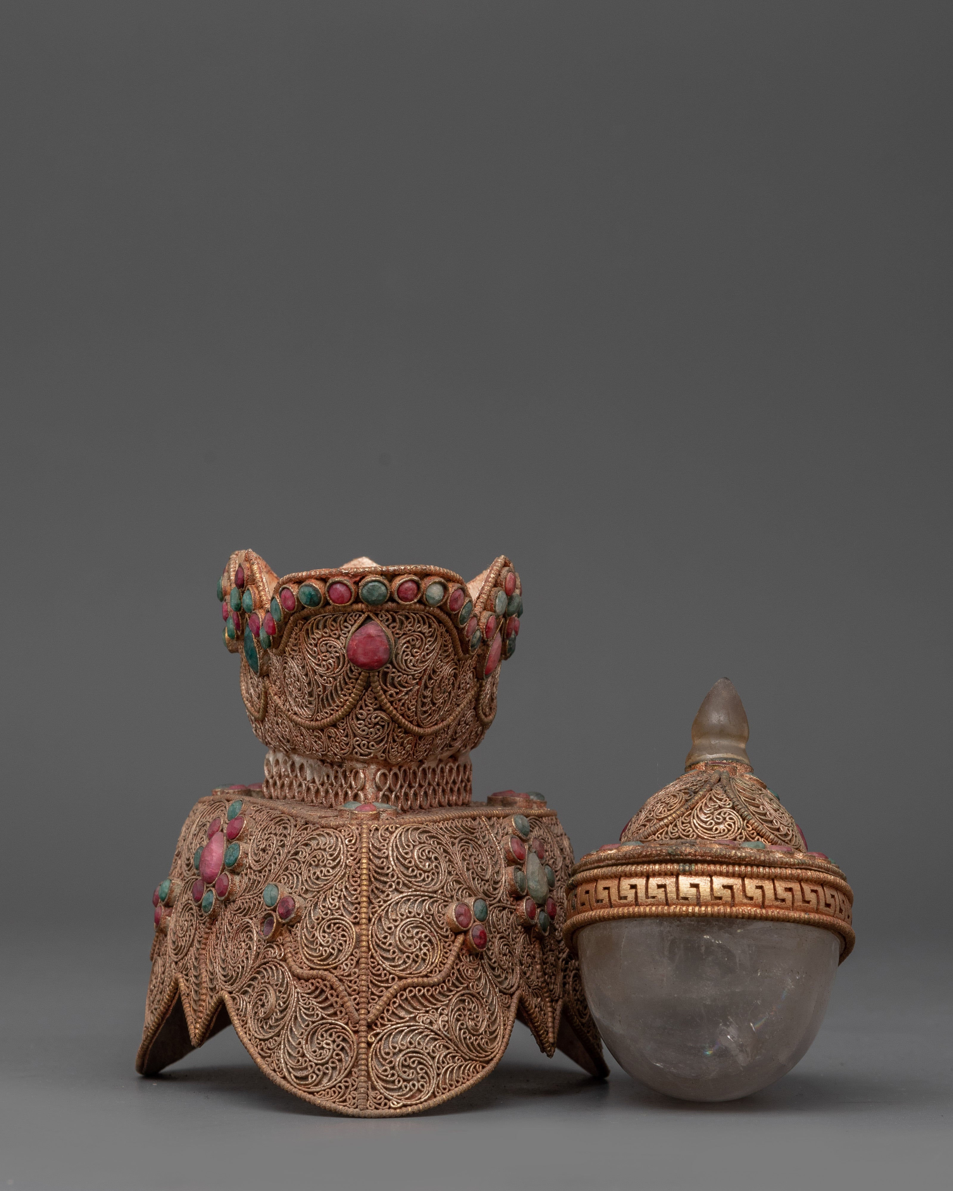 Buddhist Kapala Ritual Tool | Tantric Skull Cup with Coral and Turquoise Decorations