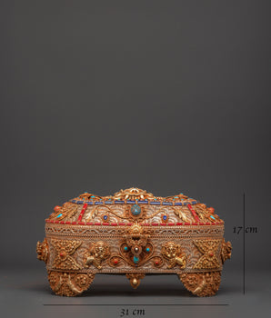 Gold-Plated Copper Tibetan Treasure Box | Coral & Turquoise Stones Inlaid Handcrafted Box